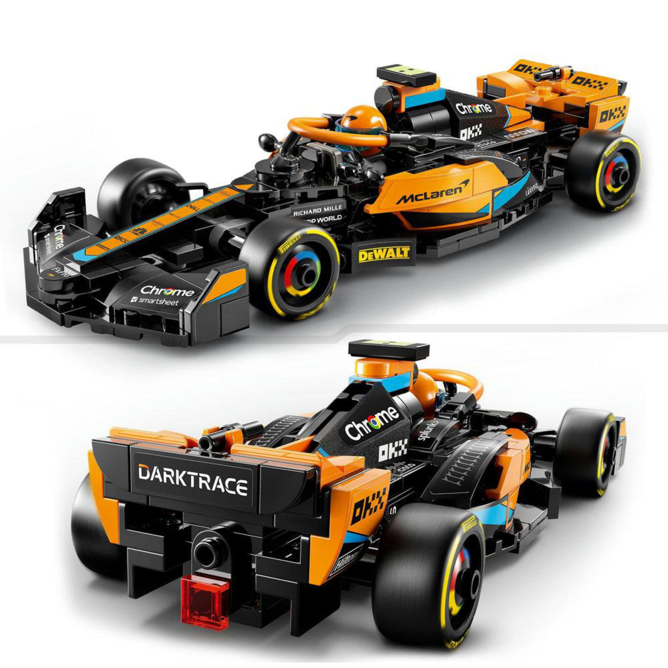 Schwarz-oranges Formel-1-Rennwagen-Lego-Set. Das Auto ist mit Sponsorenlogos versehen.