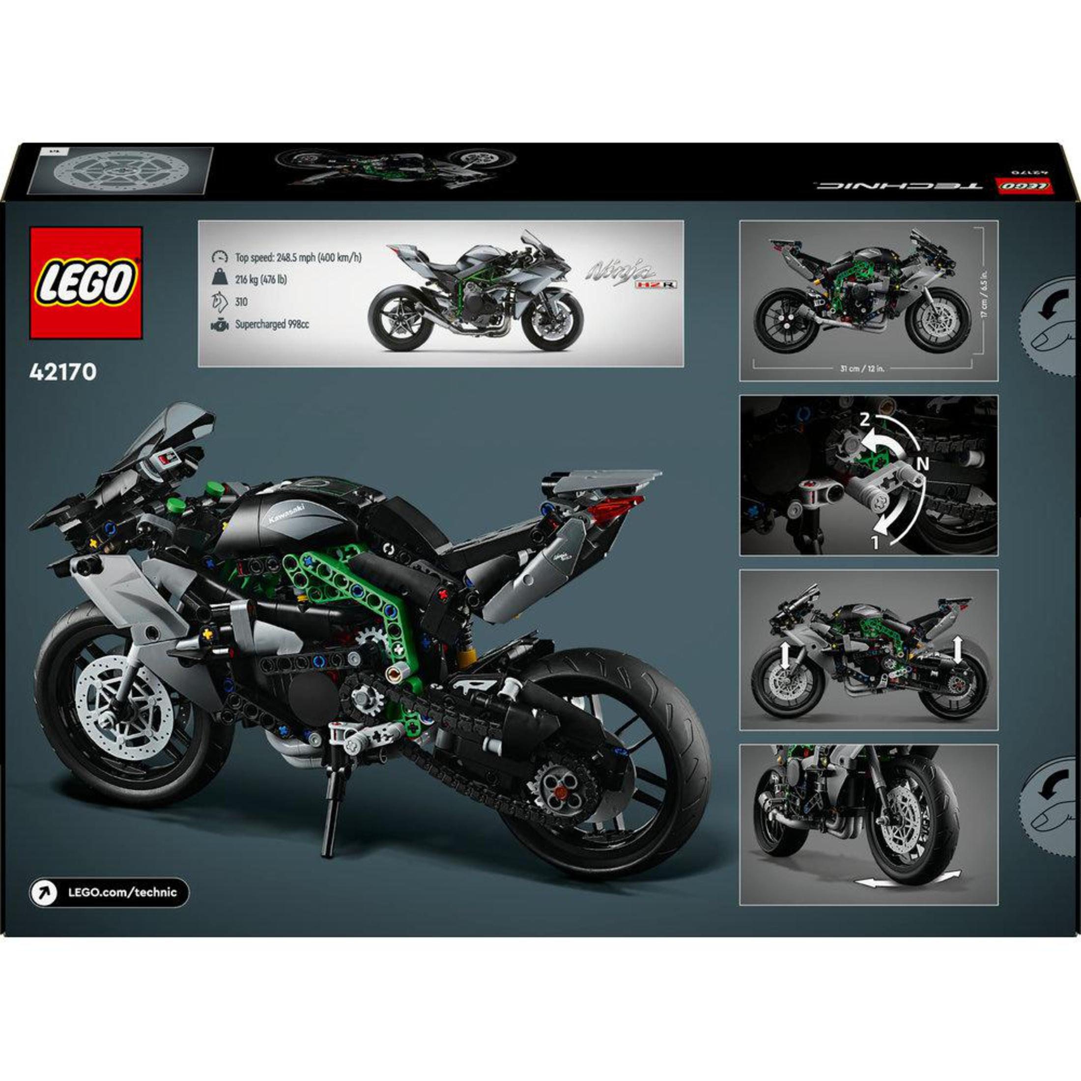 Motocykl Lego Technic Kawasaki Ninja. Pudełko przedstawia motocykl i szczegóły.