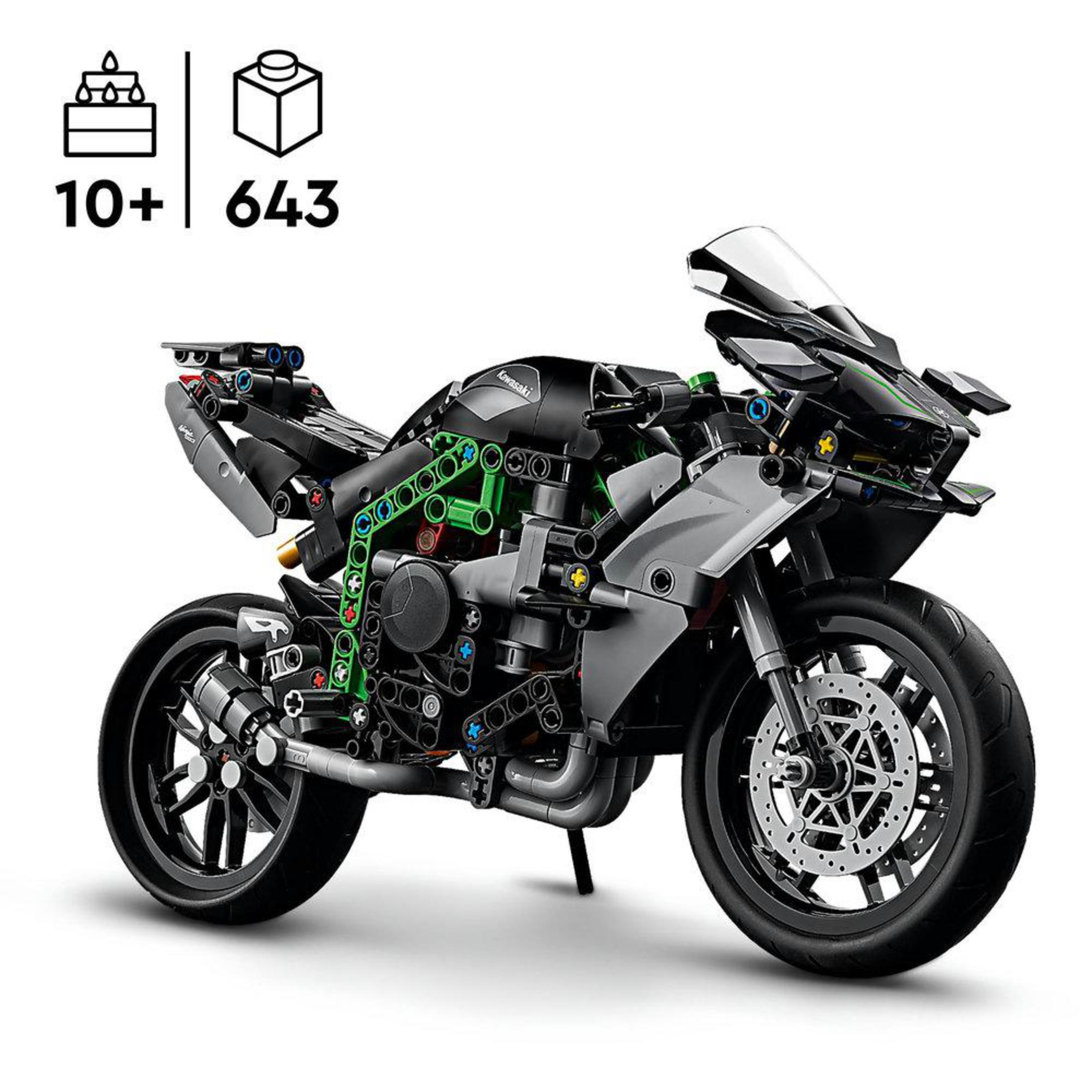 Model motocykla Lego Kawasaki H2R, czarny i szary.