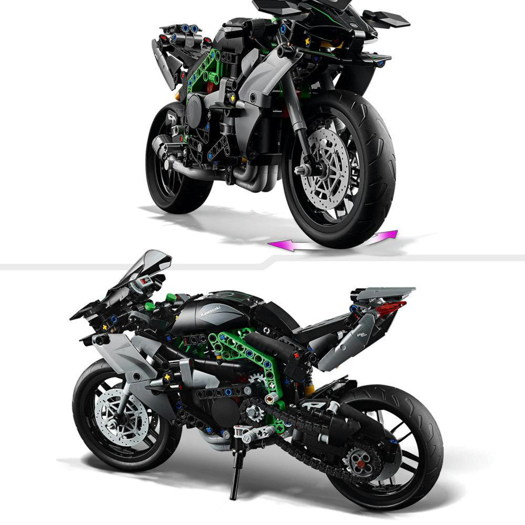 Model motocykla LEGO Technic Kawasaki Ninja H2R. Dwa widoki. Tło jest białe.