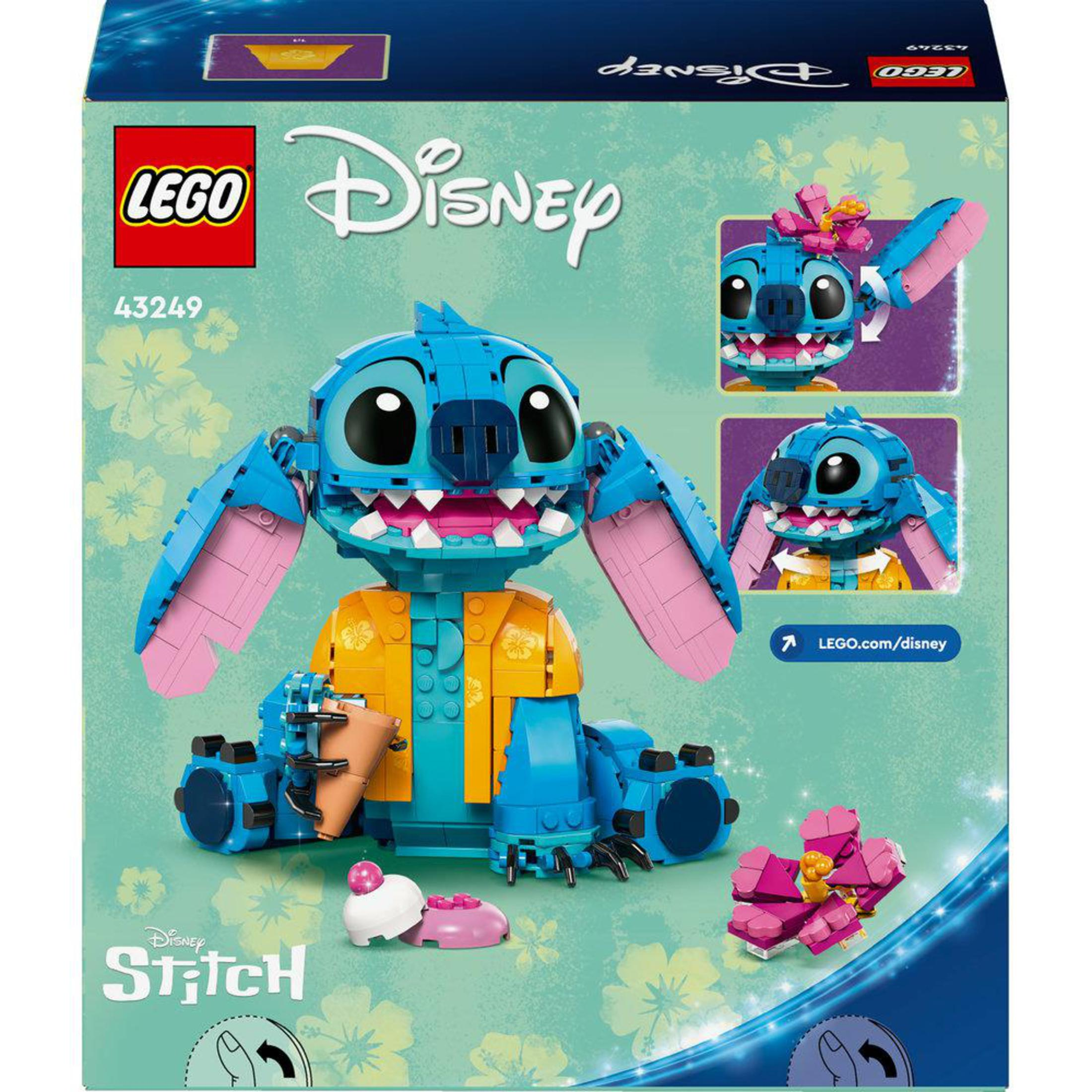 Model LEGO Disney Stitch, pokazujący niebieską postać z akcesoriami i pudełko z dodatkowymi widokami Stitch.