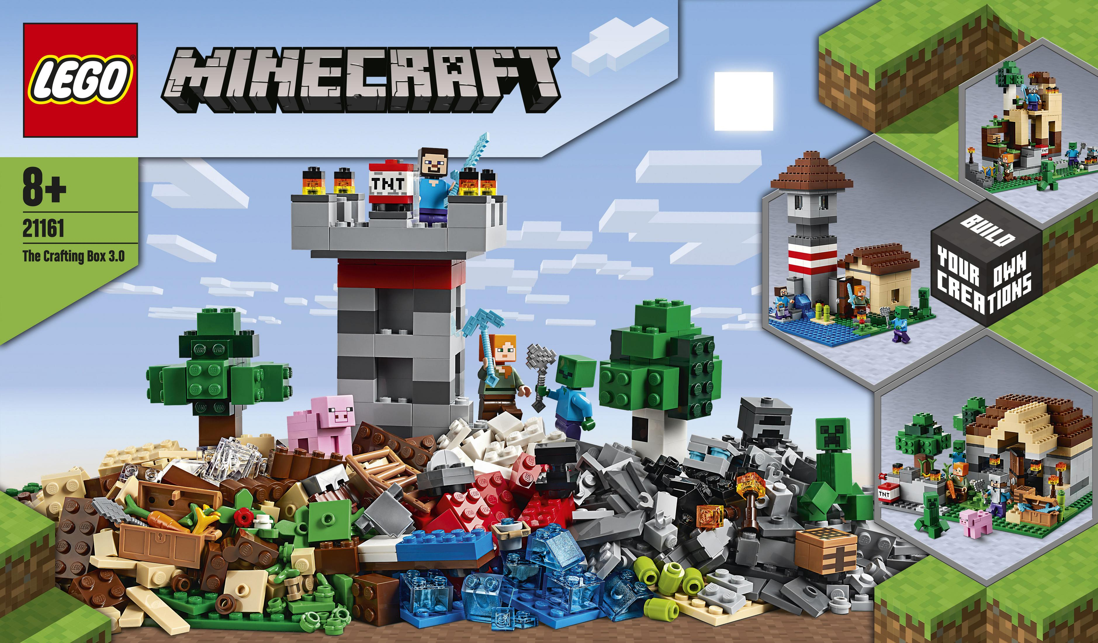 Set LEGO Minecraft. Una scatola con una scena di Minecraft, con personaggi e blocchi.
