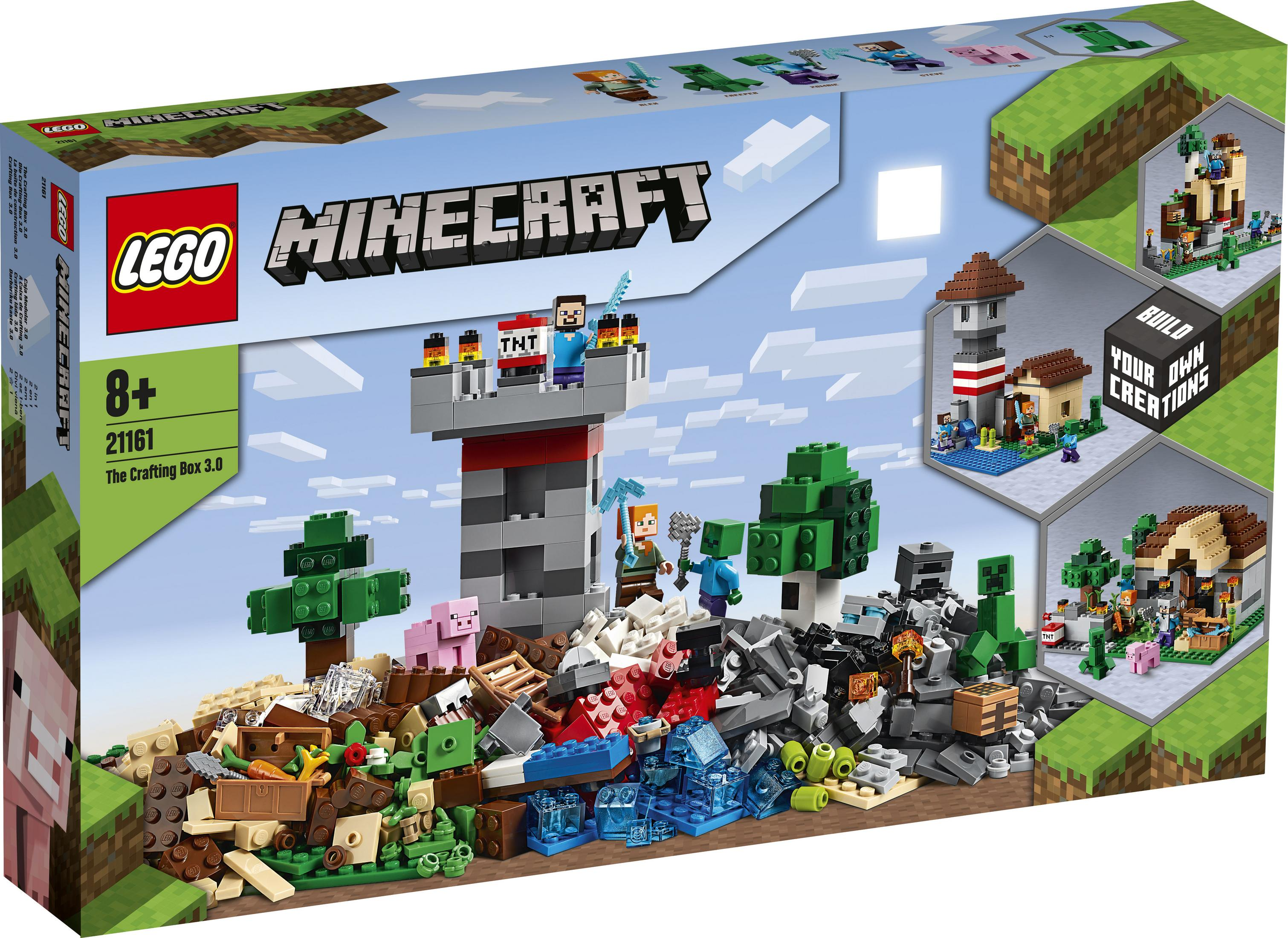 Set Lego Minecraft con personaggi e materiali da costruzione.