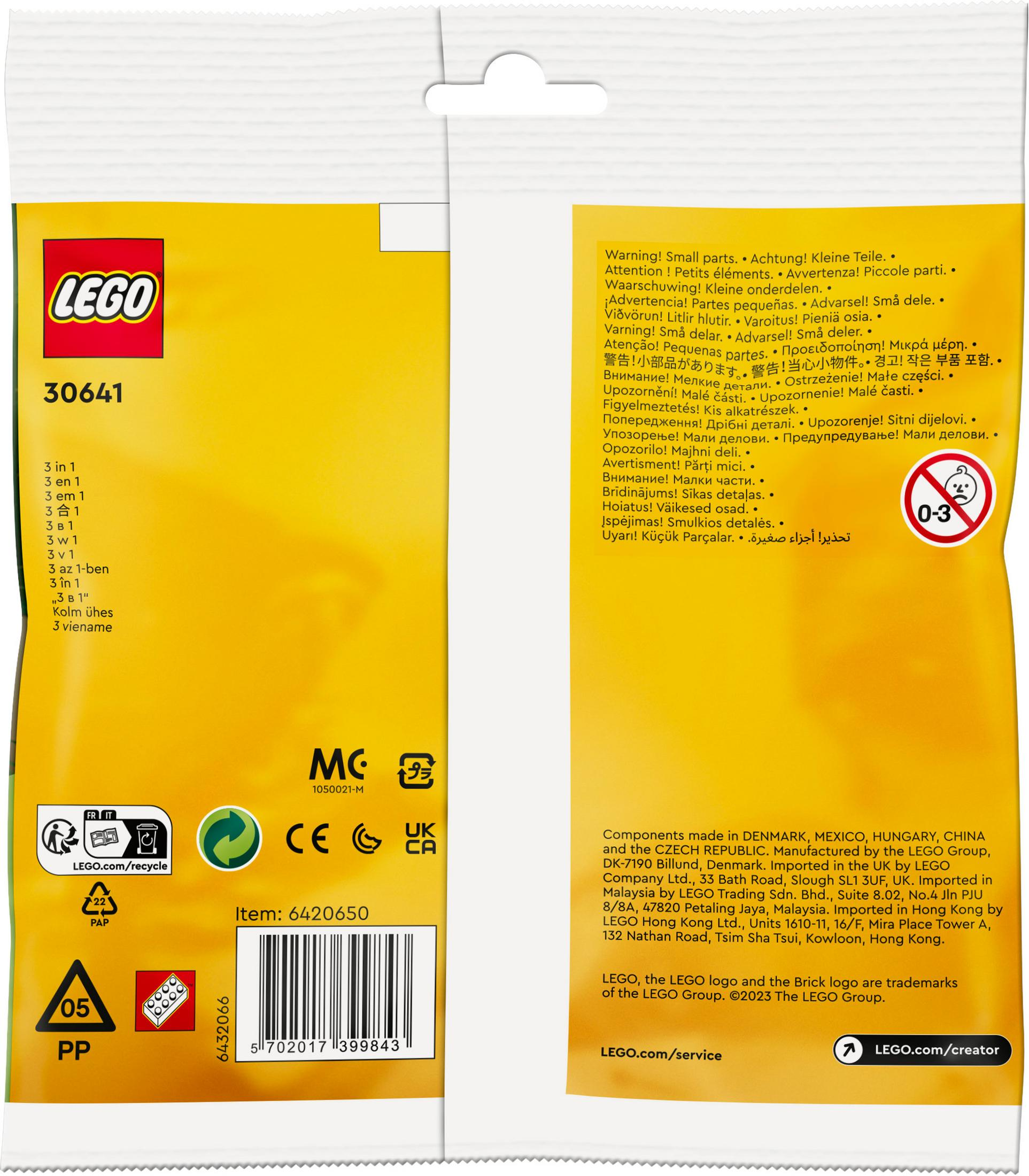 Lego-Verpackung mit Text in mehreren Sprachen. Die Verpackung zeigt Lego-Steine und das Lego-Logo.