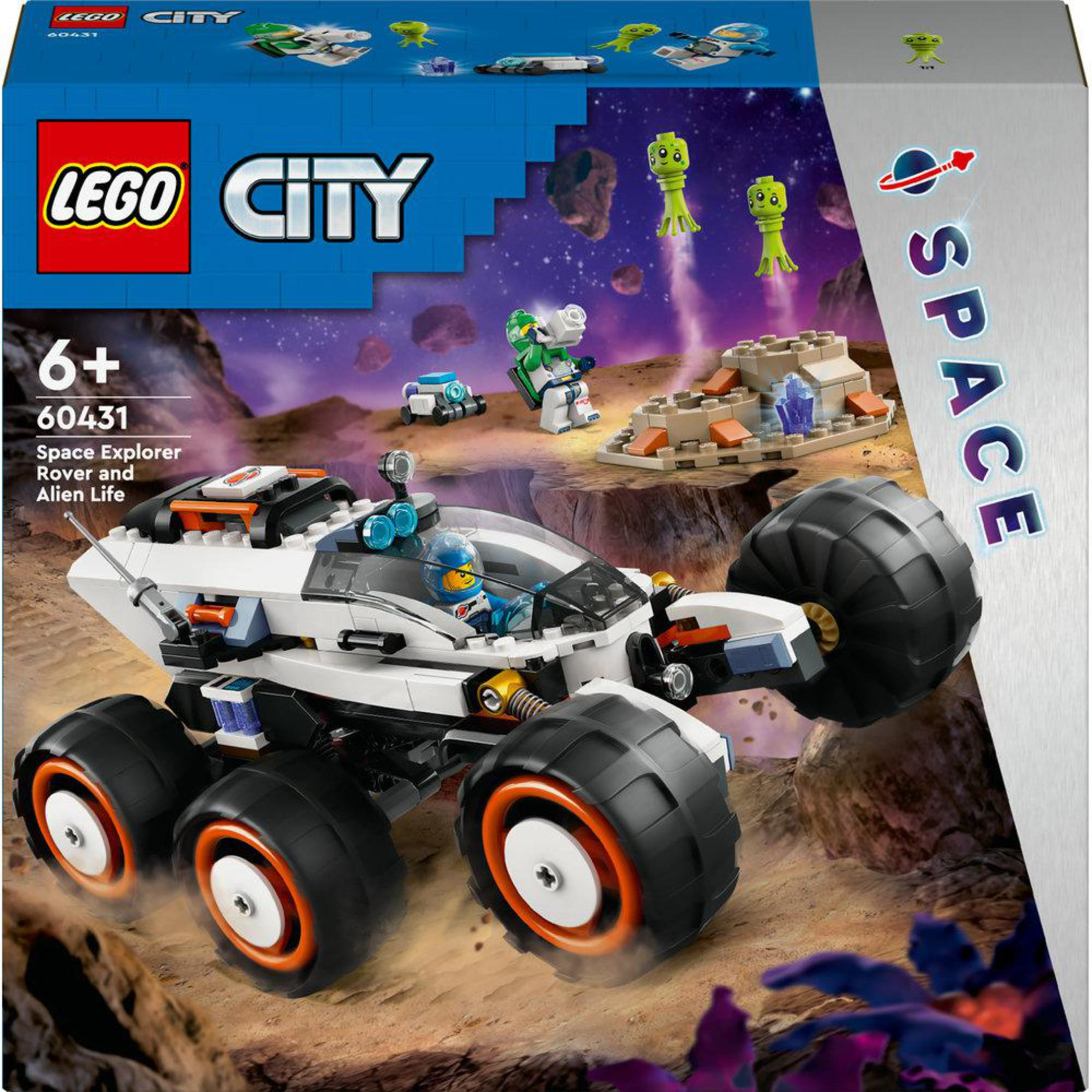 LEGO City Space Explorer Set. Weißer Rover mit großen Rädern, blauen Akzenten und Minifiguren.