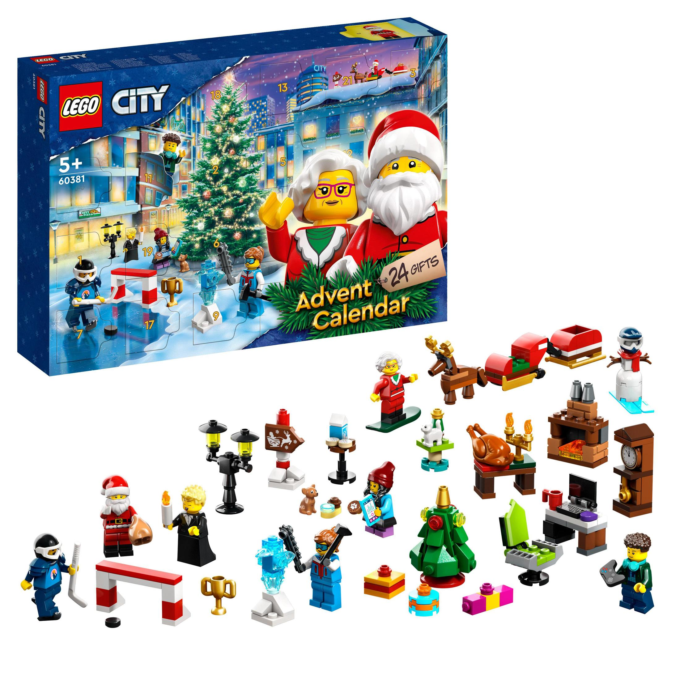 Pudełko kalendarza adwentowego LEGO City z figurkami i akcesoriami LEGO.