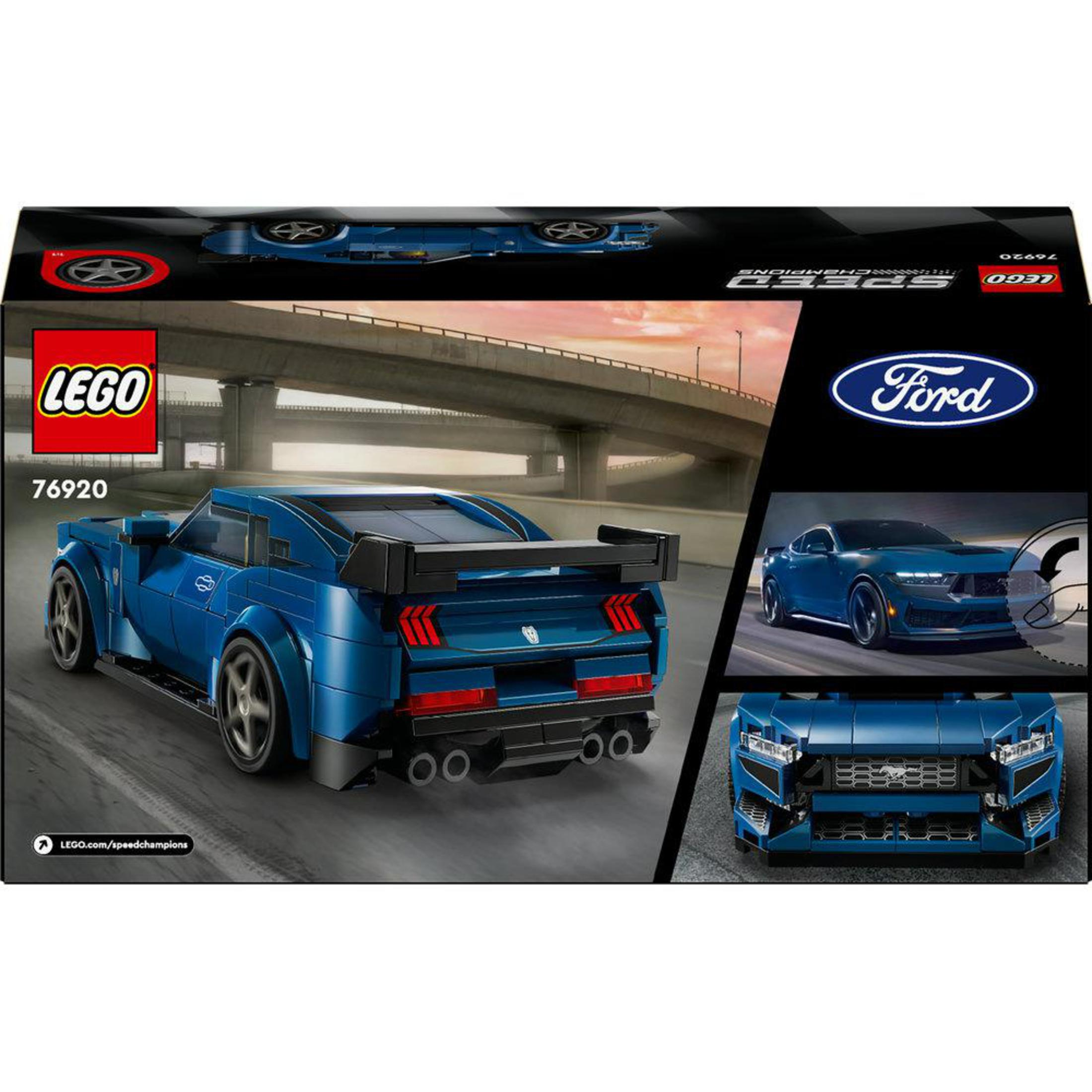 Zestaw LEGO Speed Champions Ford Mustang z pudełkiem w tle.