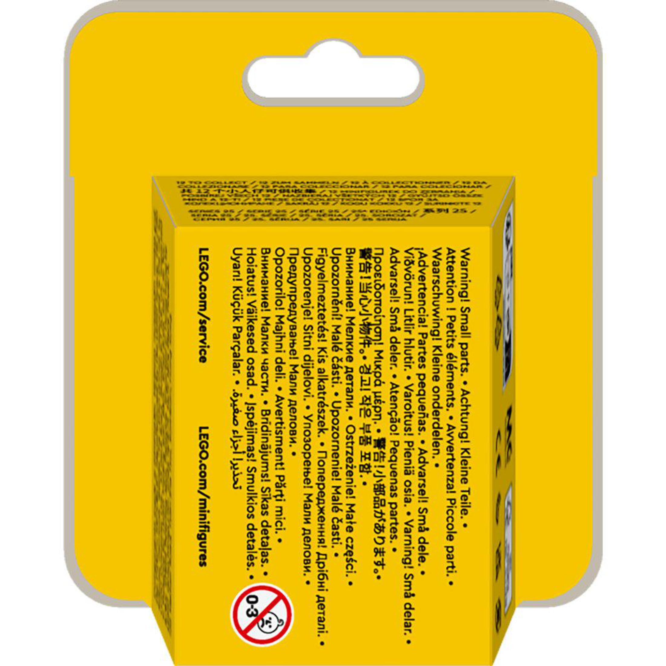 Gelbe Lego-Box mit gedruckten Warnhinweisen. Text: Achtung! Kleinteile. Altersbereich: 0-3.