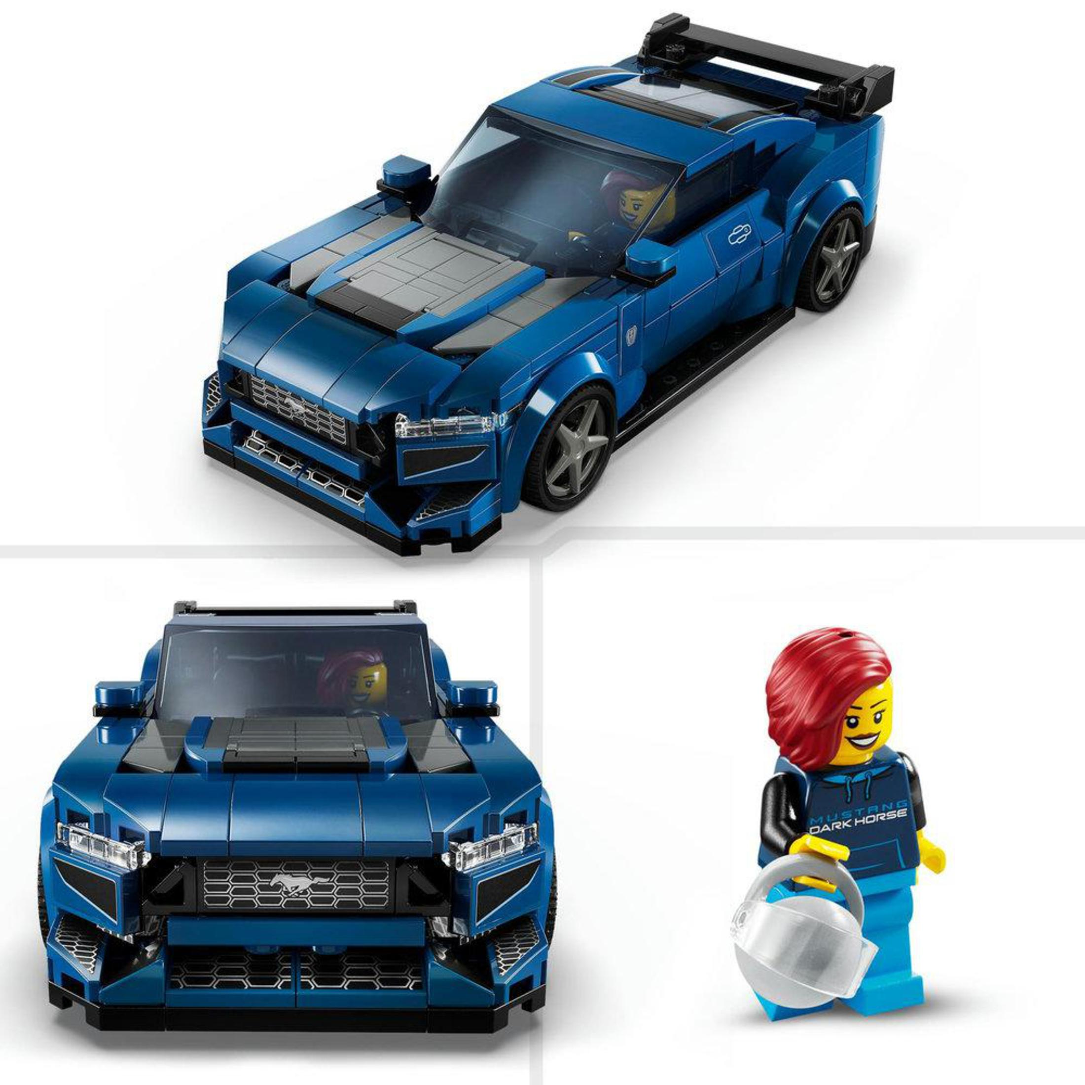 LEGO niebieski samochód Mustang z kierowcą i dodatkowymi częściami LEGO.