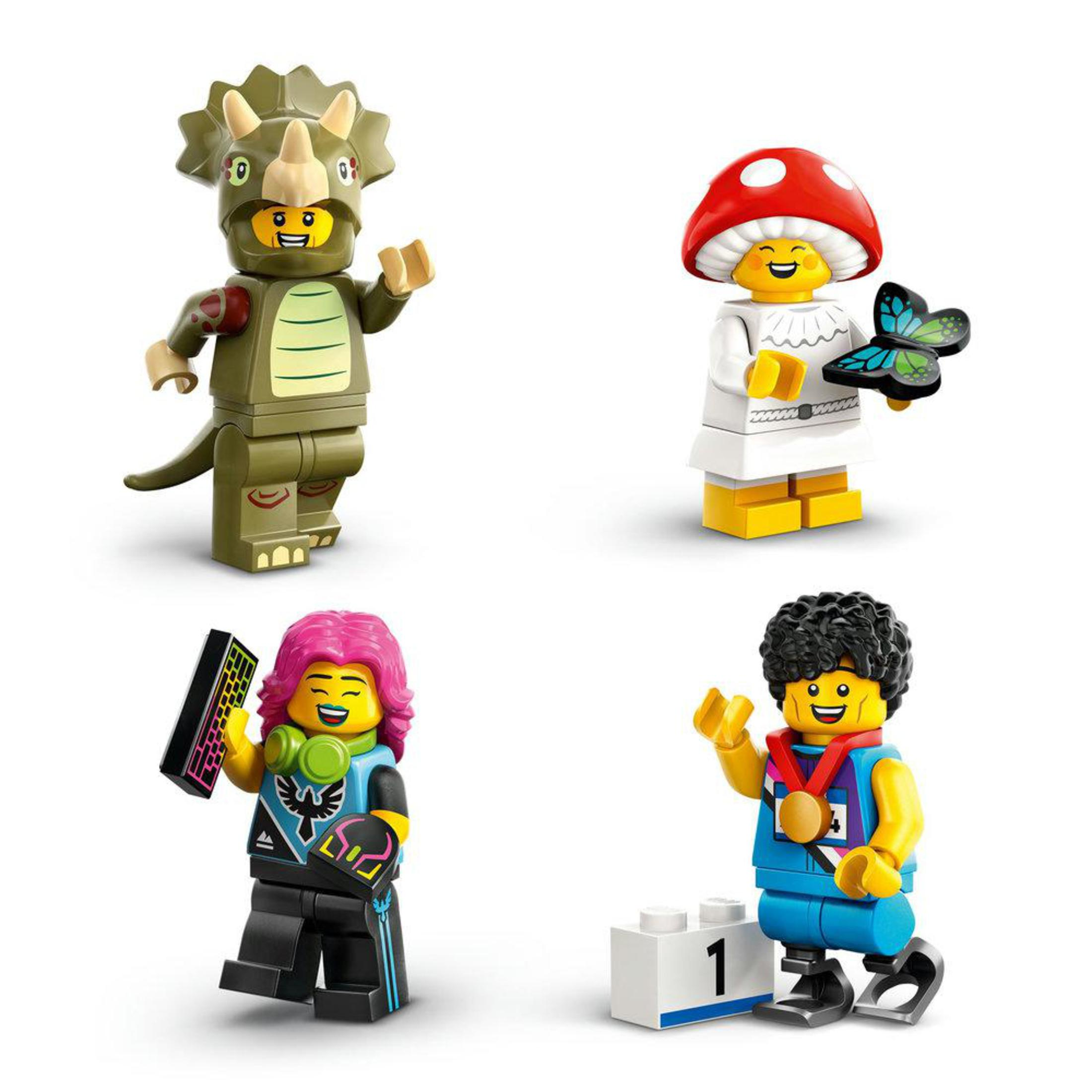 Vier Lego-Minifiguren: ein Dinosaurier, ein Pilz, ein Gamer und ein Athlet, jeweils in einem Kostüm.