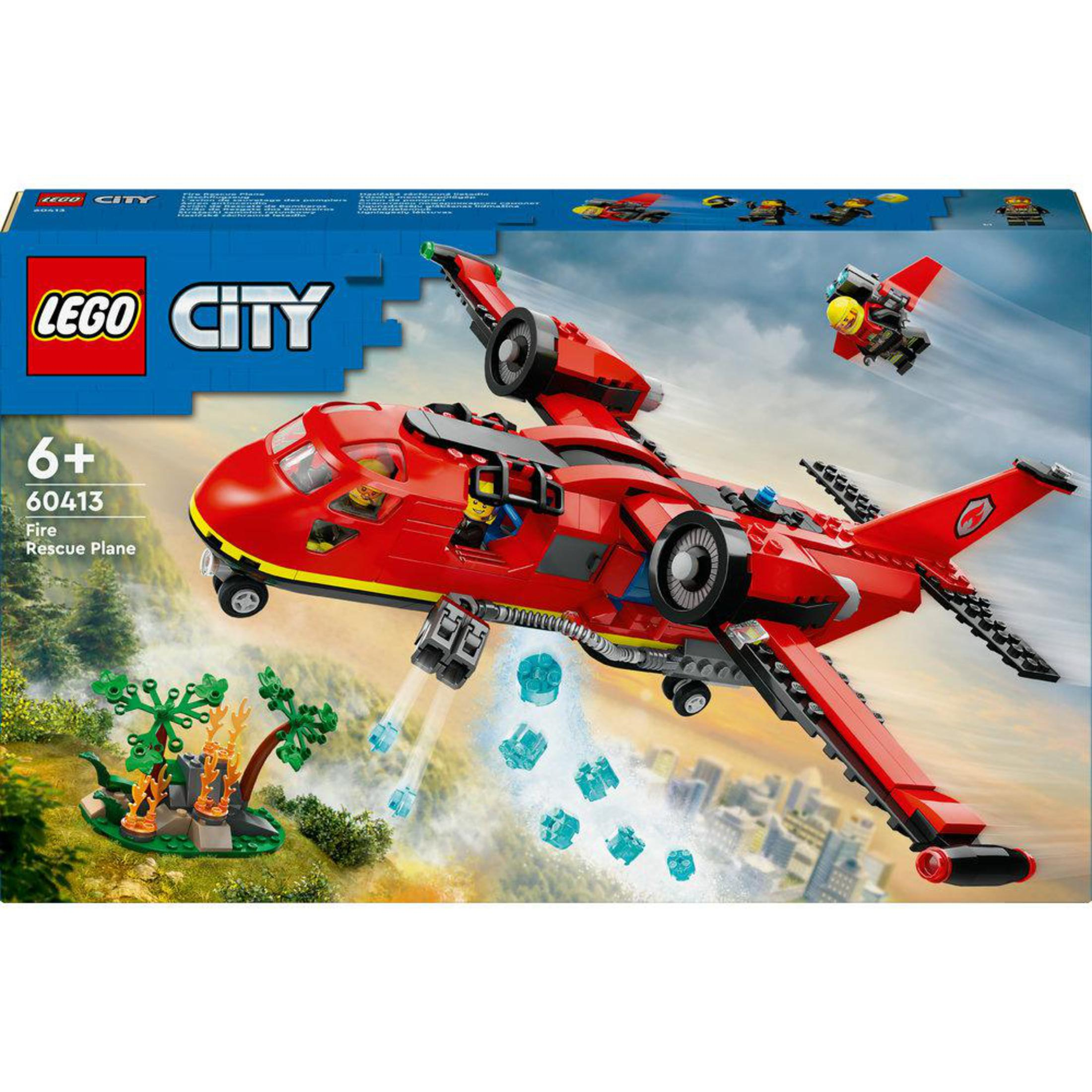 Caja del set LEGO City Fire Rescue Plane. Avión rojo en acción con elementos de bomberos y rescate.