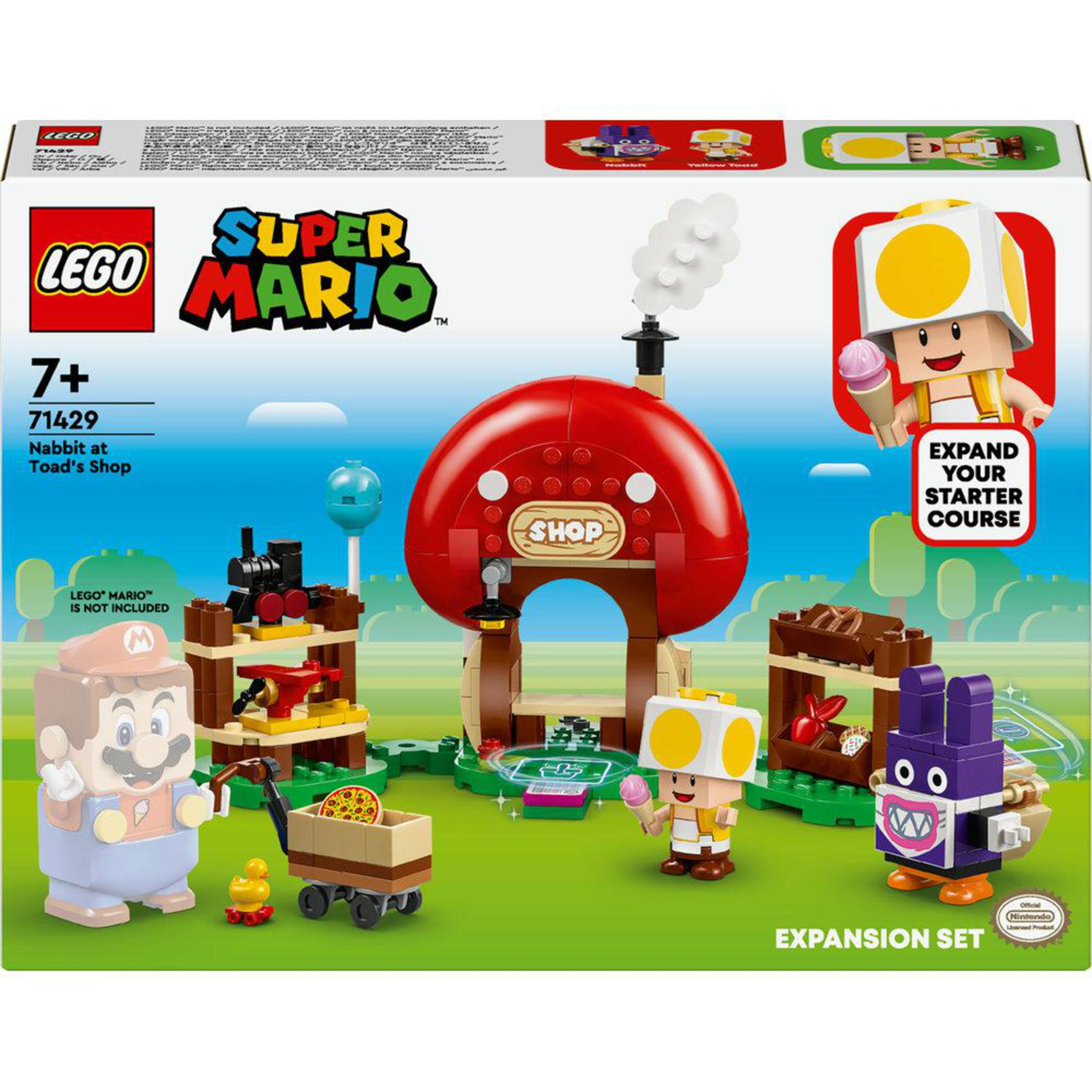 Set Lego Super Mario, con una casa a fungo, personaggi e altri elementi a tema Mario.
