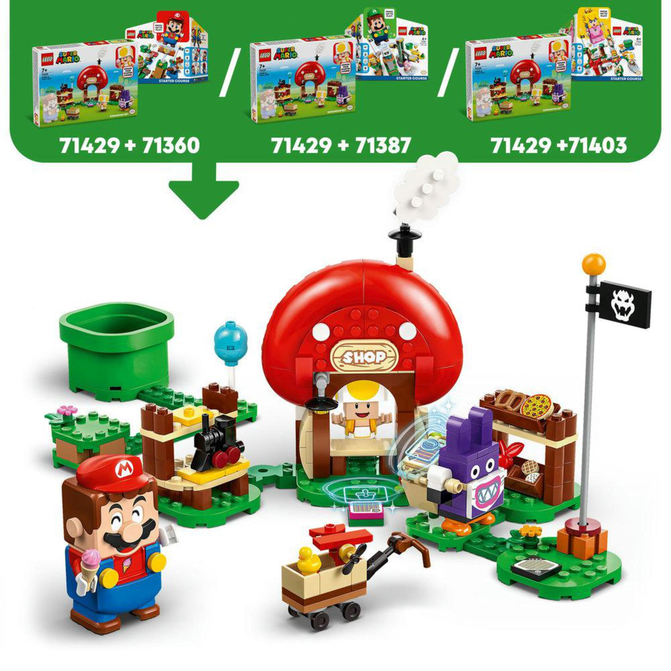 Set di partenza LEGO Super Mario, con personaggio di Mario, casa fungo e altri elementi.