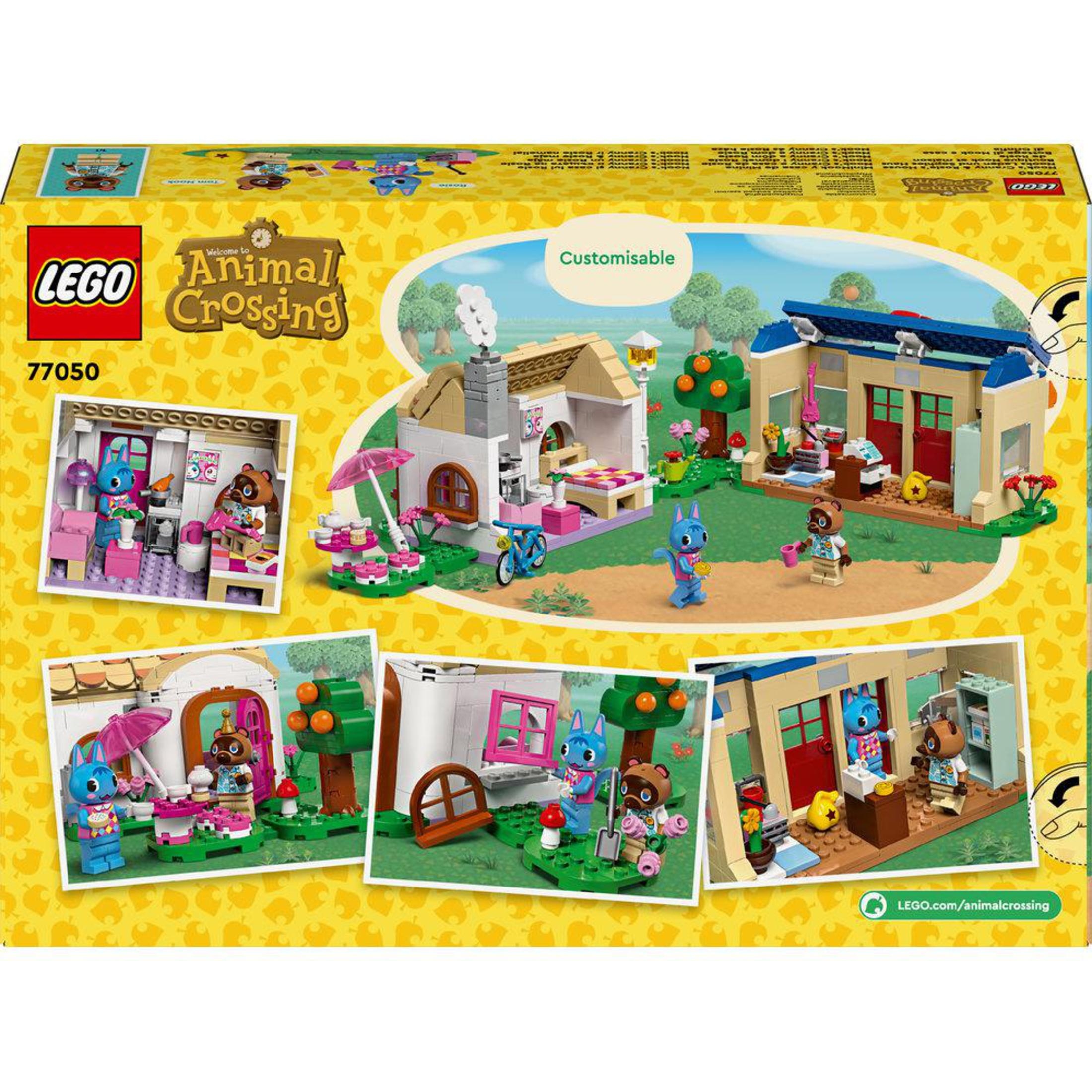 LEGO Animal Crossing set doos. Doosontwerp toont scènes met huizen en personages uit de game.