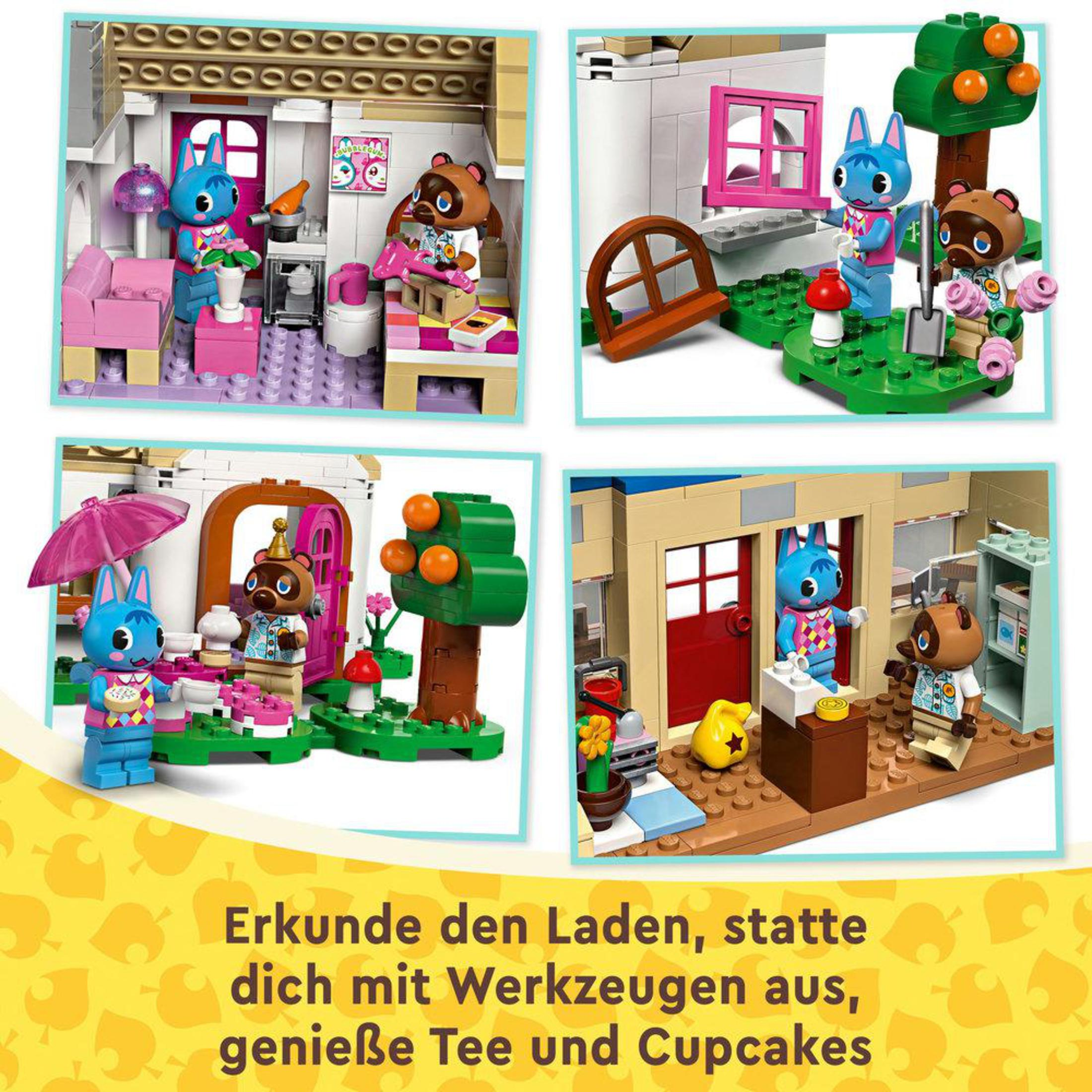 Vier afbeeldingen van Lego Animal Crossing-scènes met personages in een winkel en buiten.
