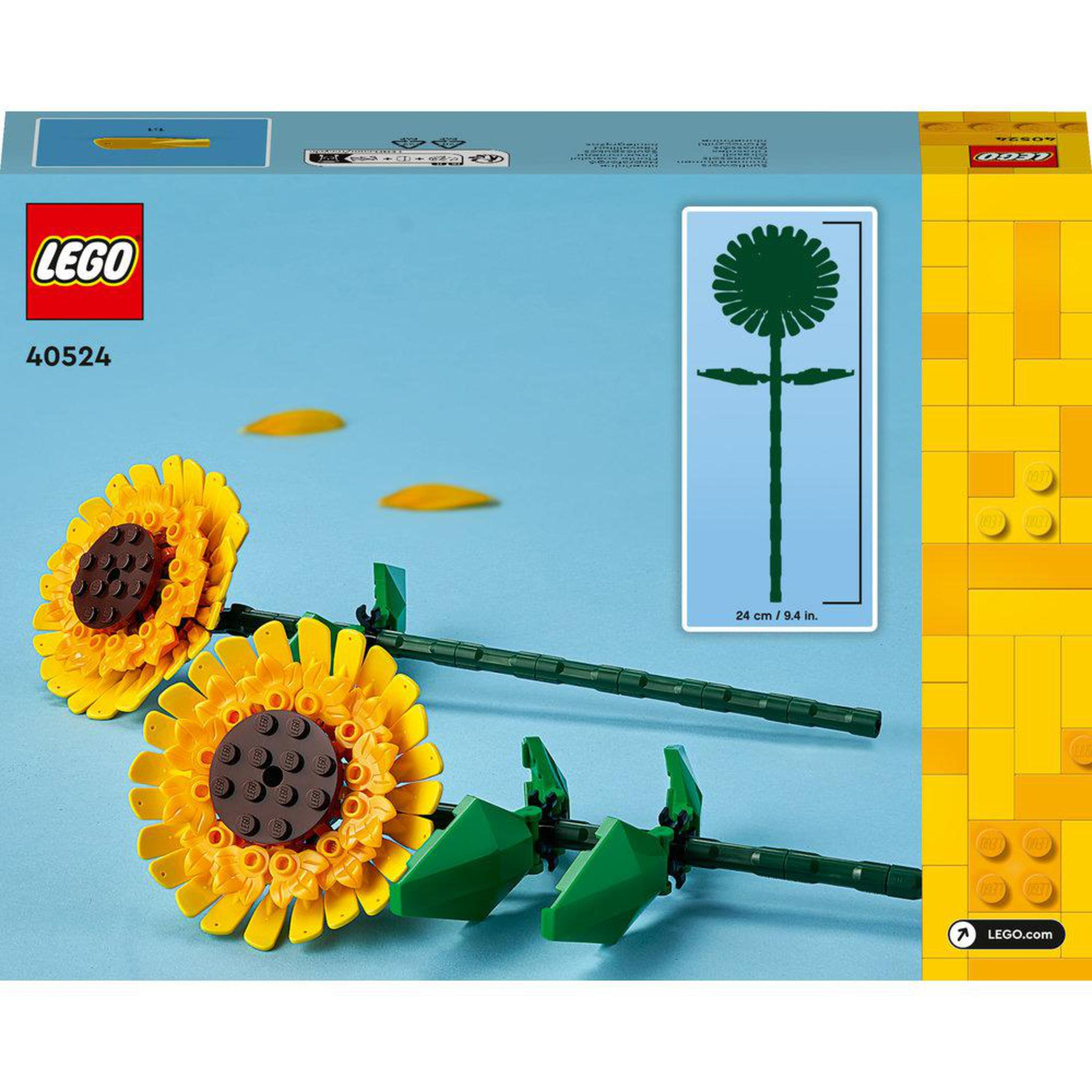 LEGO ayçiçeği seti kutusu, ayçiçeği modelleri ve bir taslak ile.