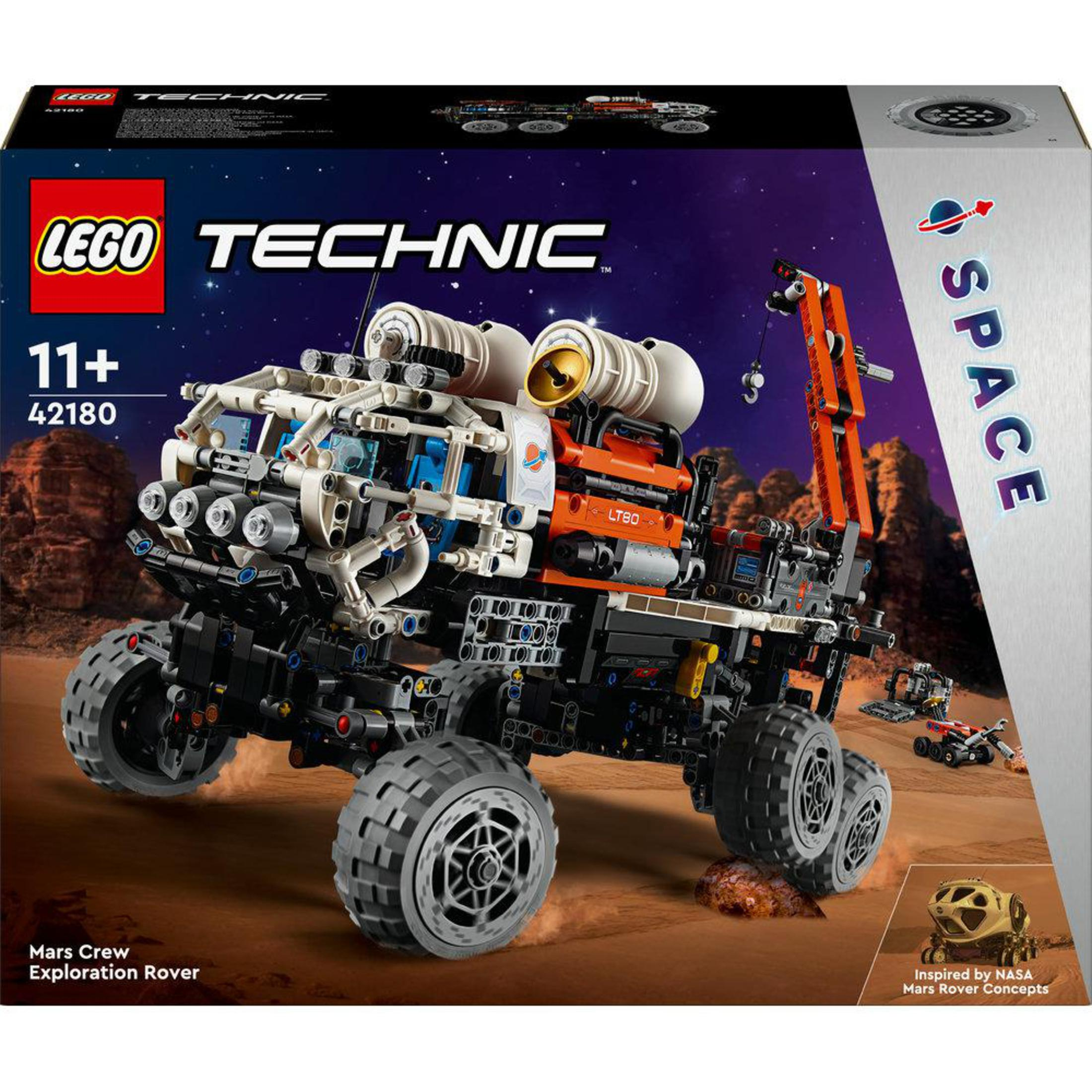 Pudełko LEGO Technic Mars Crew Exploration Rover, z jego projektem i funkcjami.