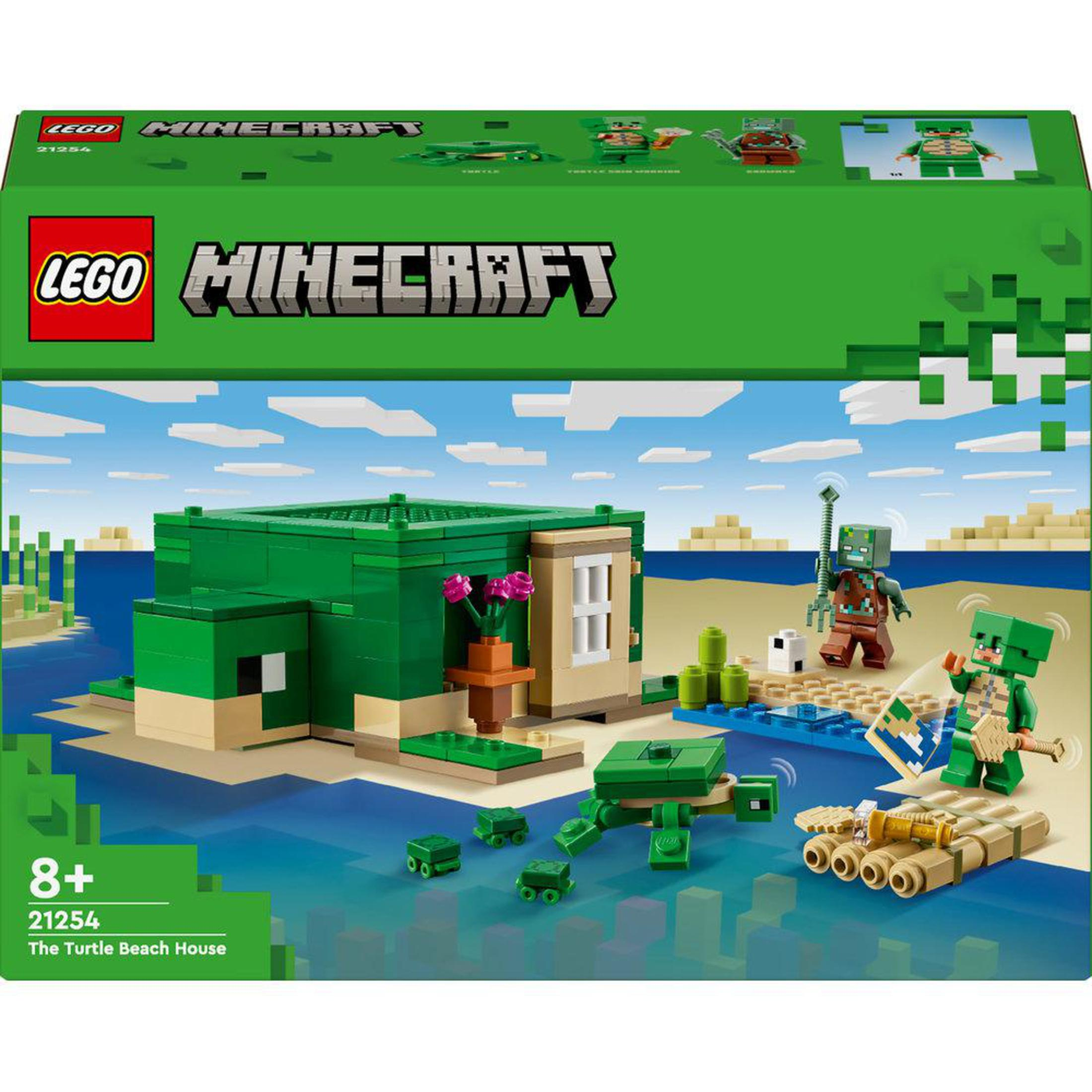 LEGO Minecraft Turtle Beach House set. Groen gebouw, figuren en schildpad-elementen.