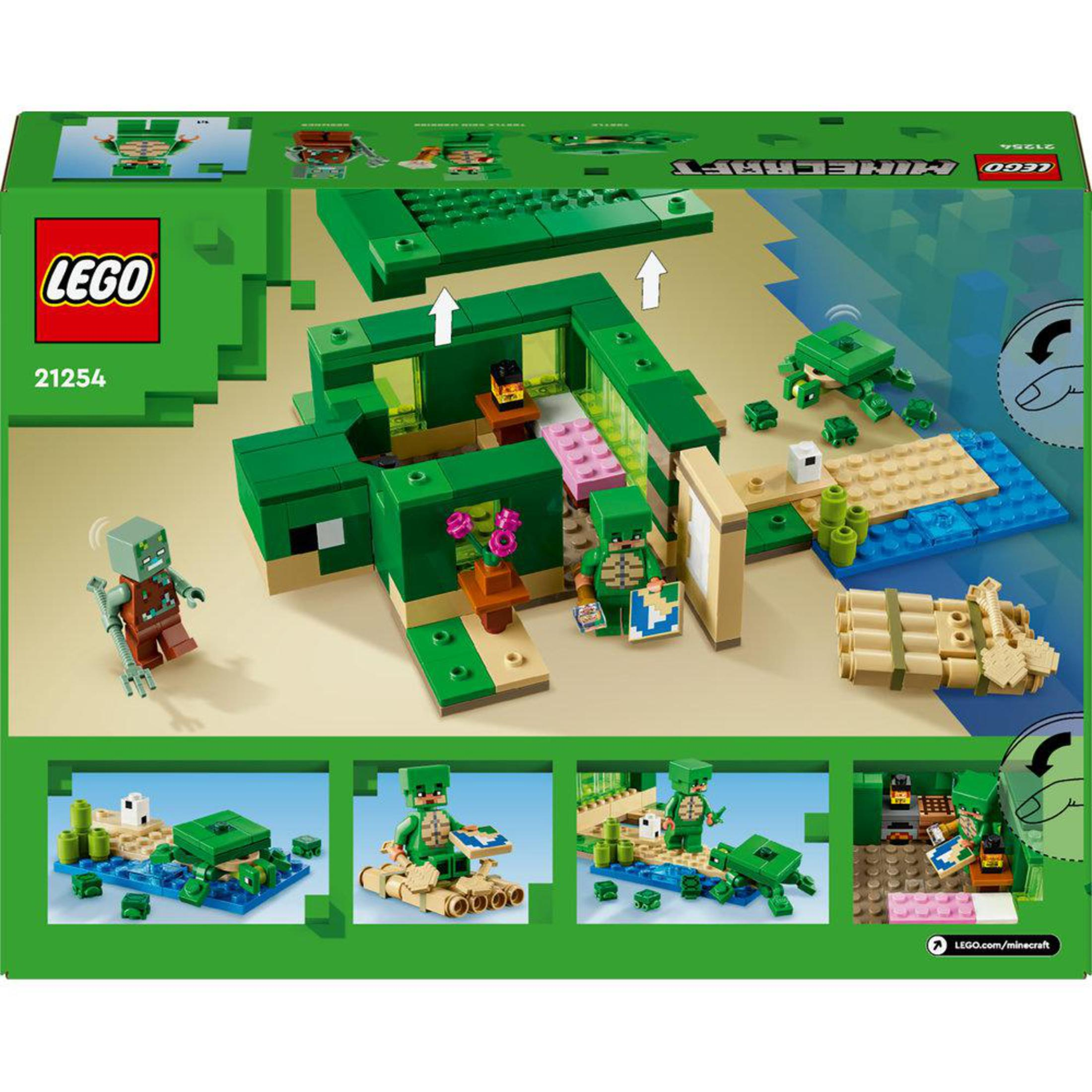 LEGO Minecraft box set. Groene scène gebouwd met blokken met figuren en elementen. Witte achtergrond.