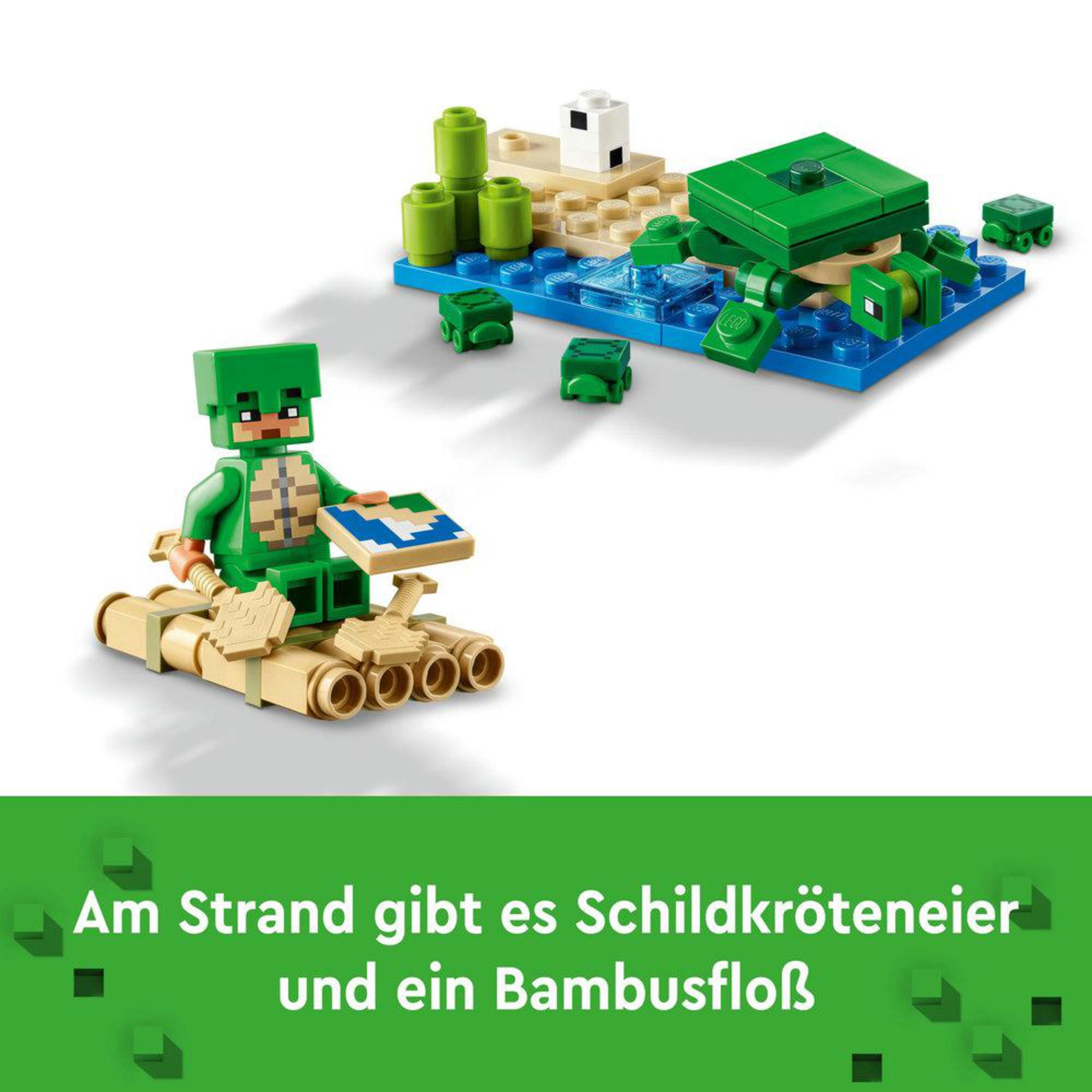LEGO Minecraft set. Een schildpadachtige figuur op een vlot en een strandscène.