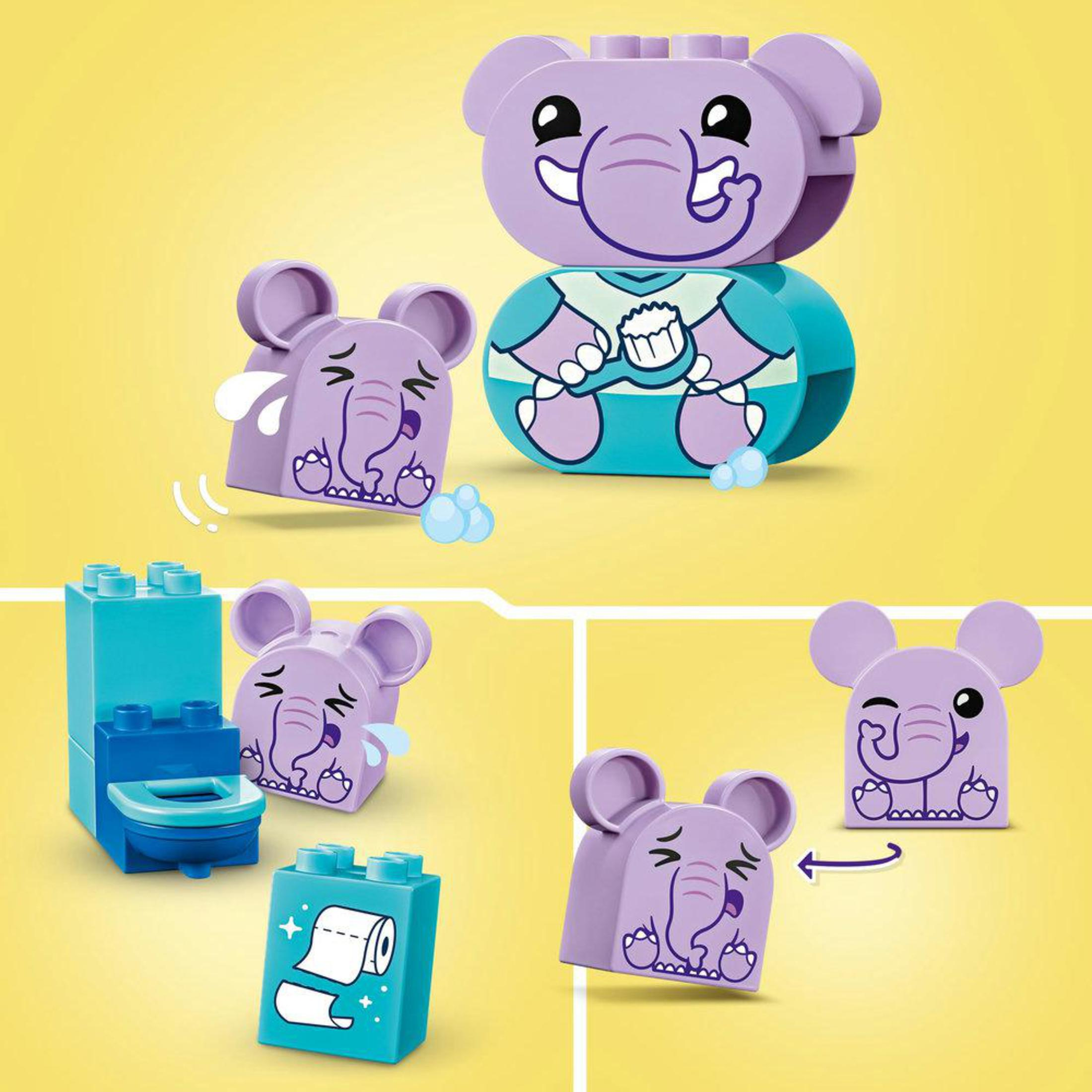 Słonie Lego Duplo w różnych pozach. Jest niebieska toaleta i papier toaletowy.