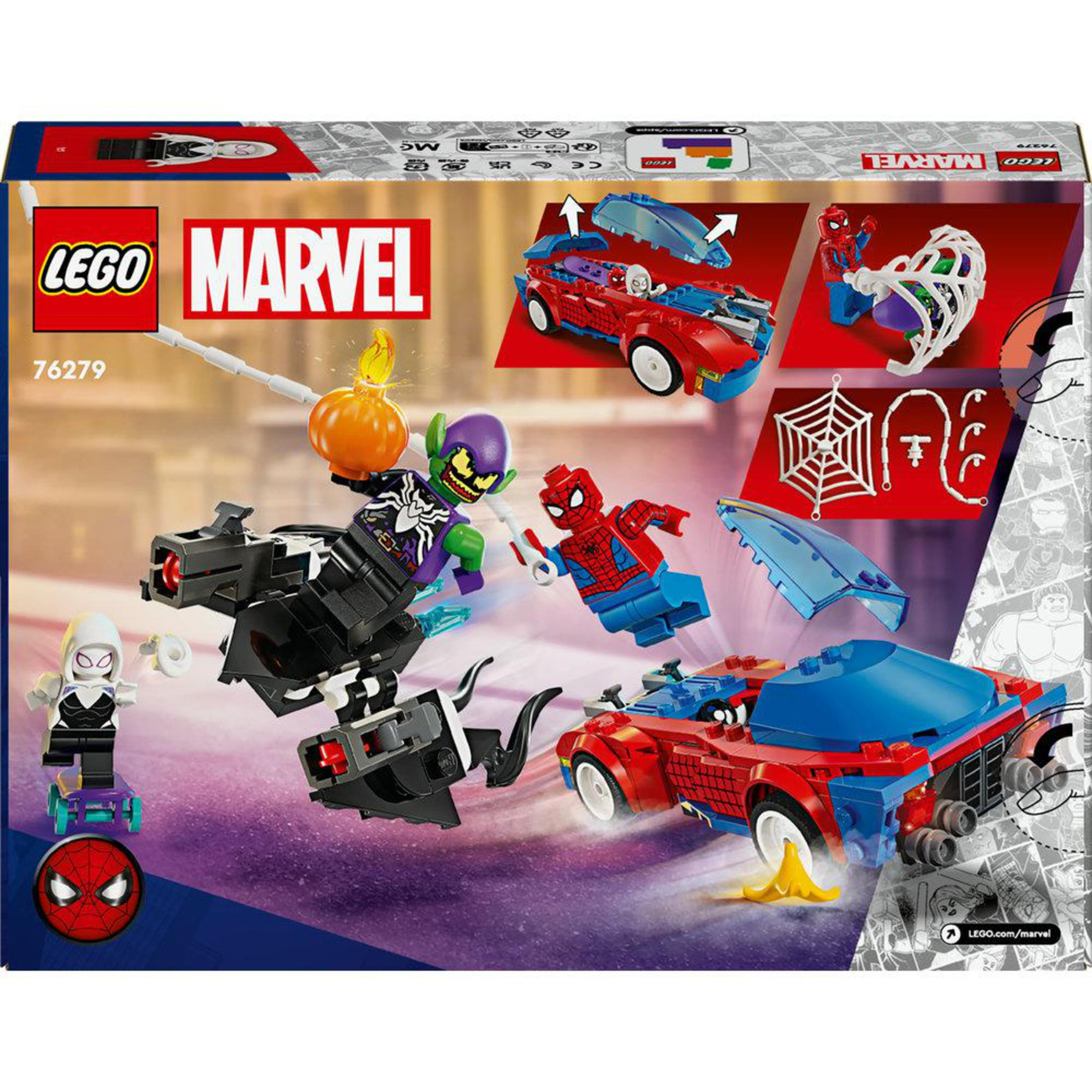 Ein Lego Marvel Set mit Spider-Man, dem Goblin und verschiedenen Action-Elementen.