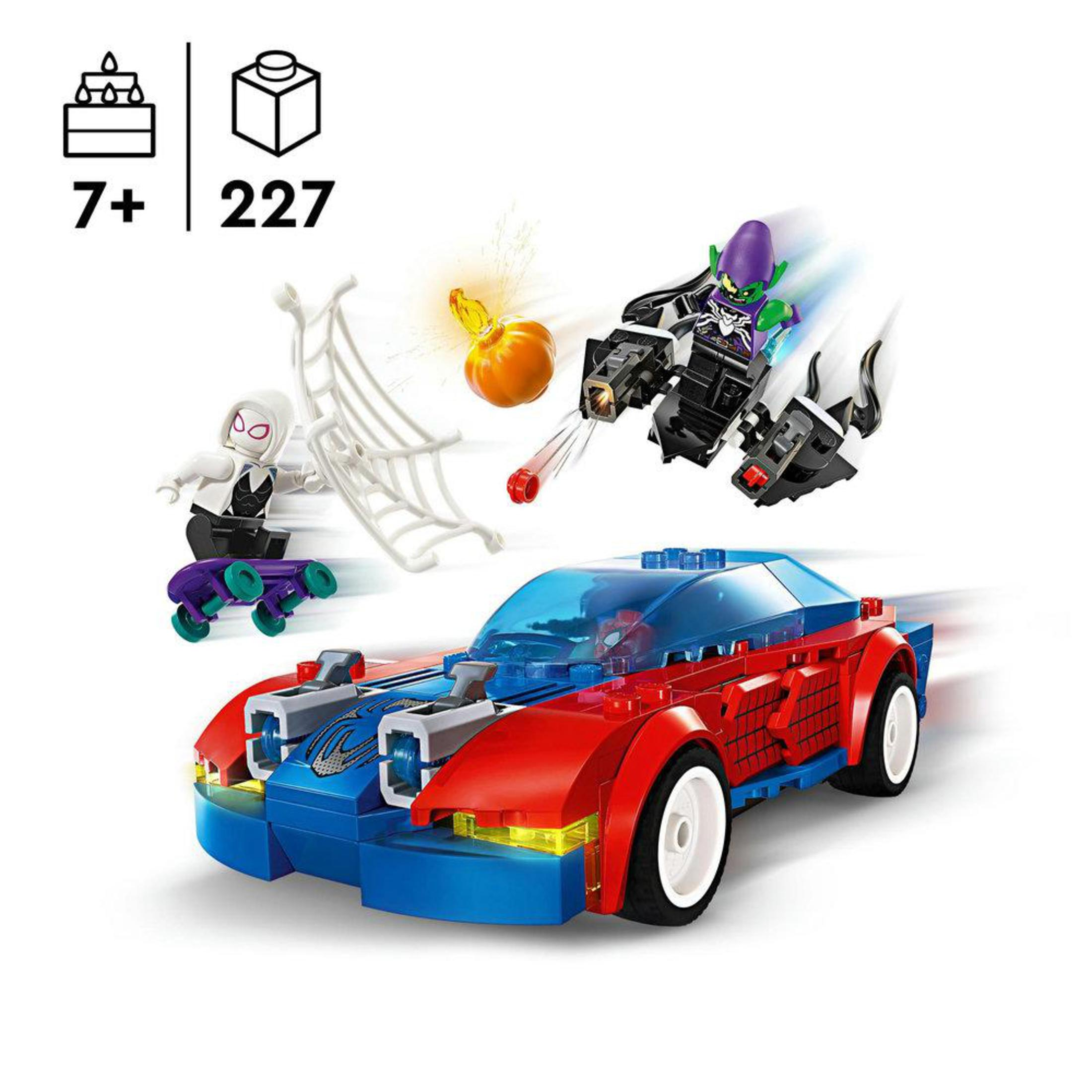 Lego-Set mit Spider-Man-Auto, Green Goblin und Ghost-Spider auf einem Skateboard.