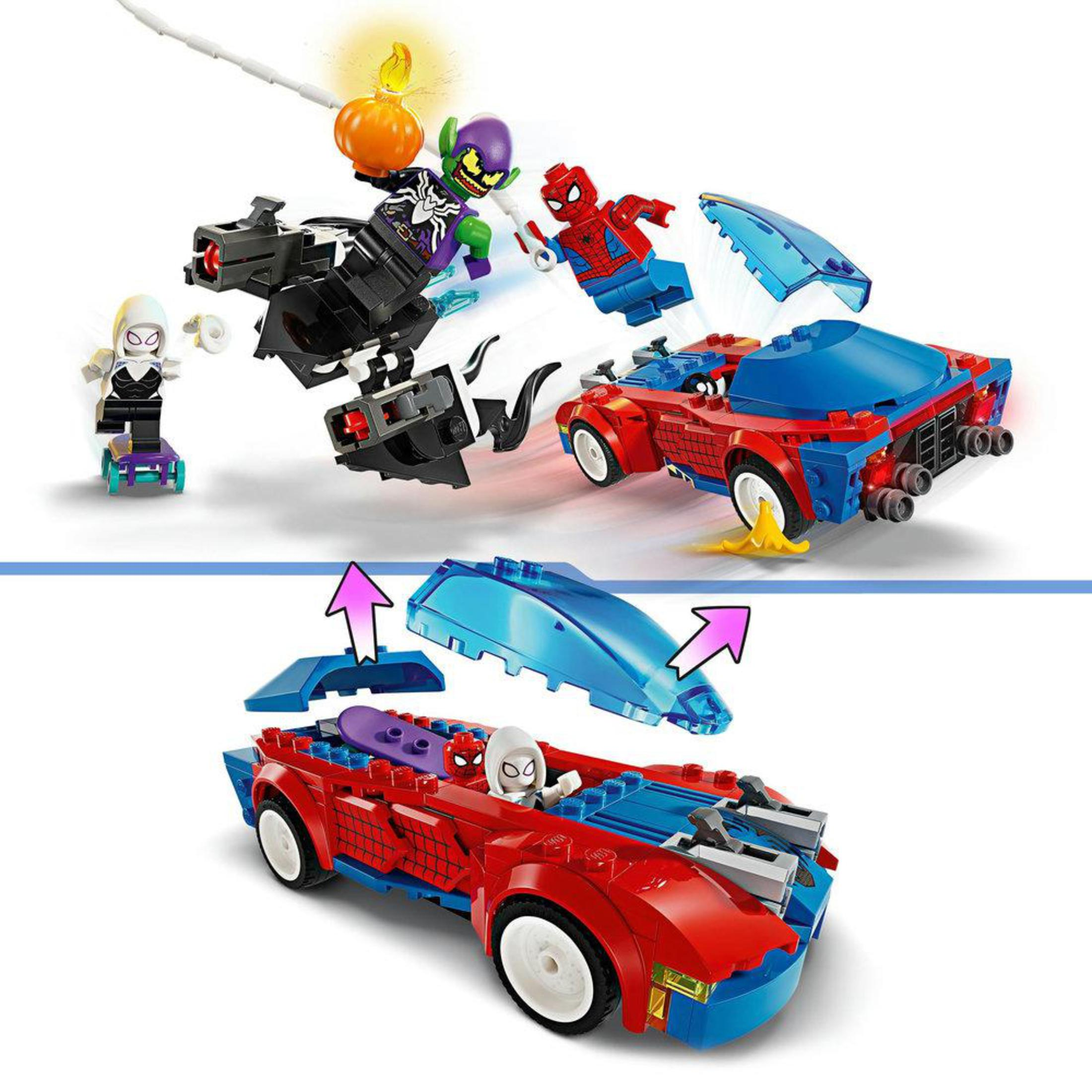 LEGO Spiderman Auto Set. Das Set beinhaltet Spiderman, Green Goblin und andere. Weißer Hintergrund.