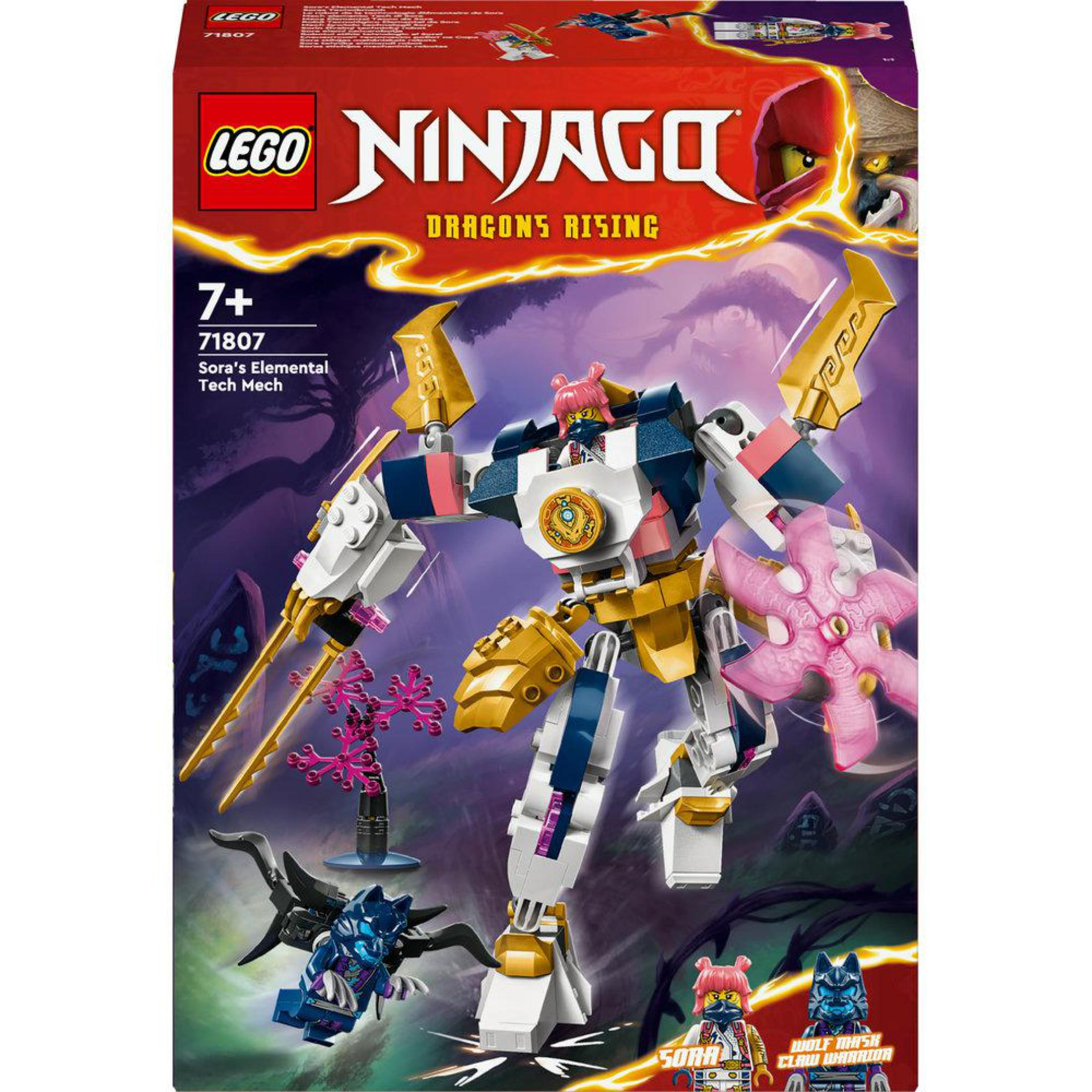 LEGO Ninjago Box-Art zeigt einen Sora's Elemental Tech Mech, detaillierter Mech mit Figuren.