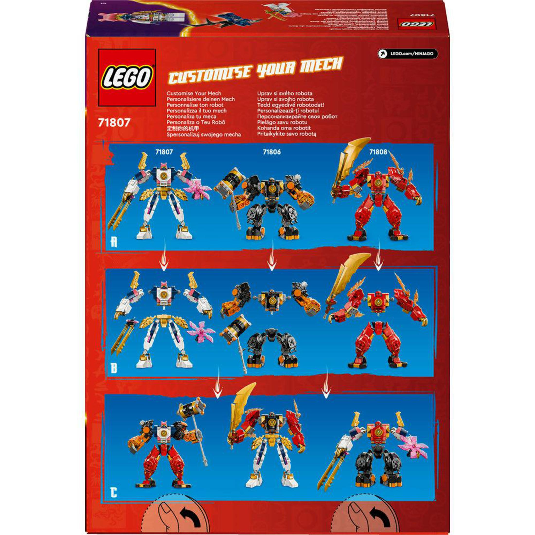 LEGO-Box mit anpassbaren Mechs. Drei Mechs sind zusammengebaut und gezeigt, mit verschiedenen Teilen.