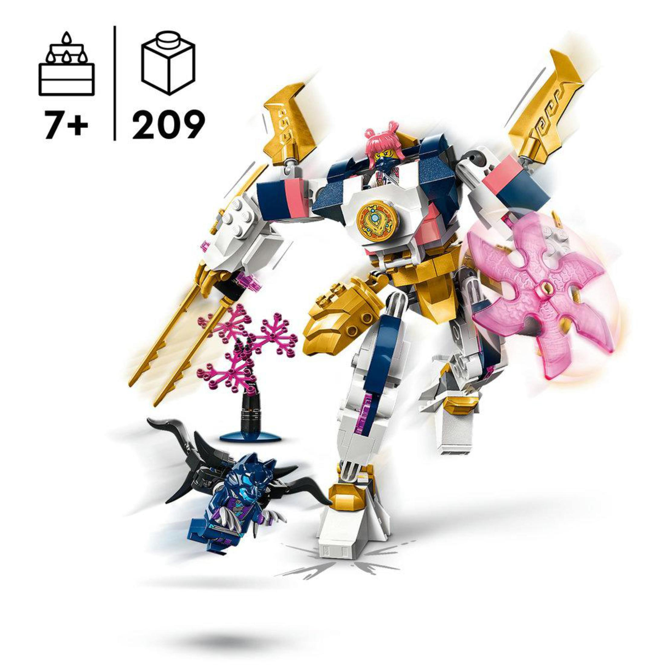 LEGO-Set mit einem Mech, einem Ninja und etwas Zubehör.