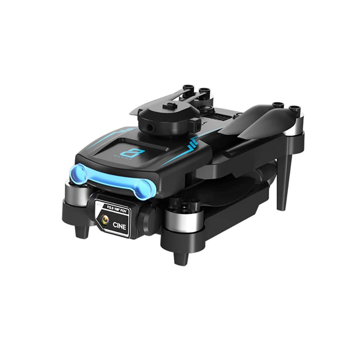 Un dron negro con luces azules y una cámara. Tiene un diseño elegante. El dron está sobre una superficie blanca.