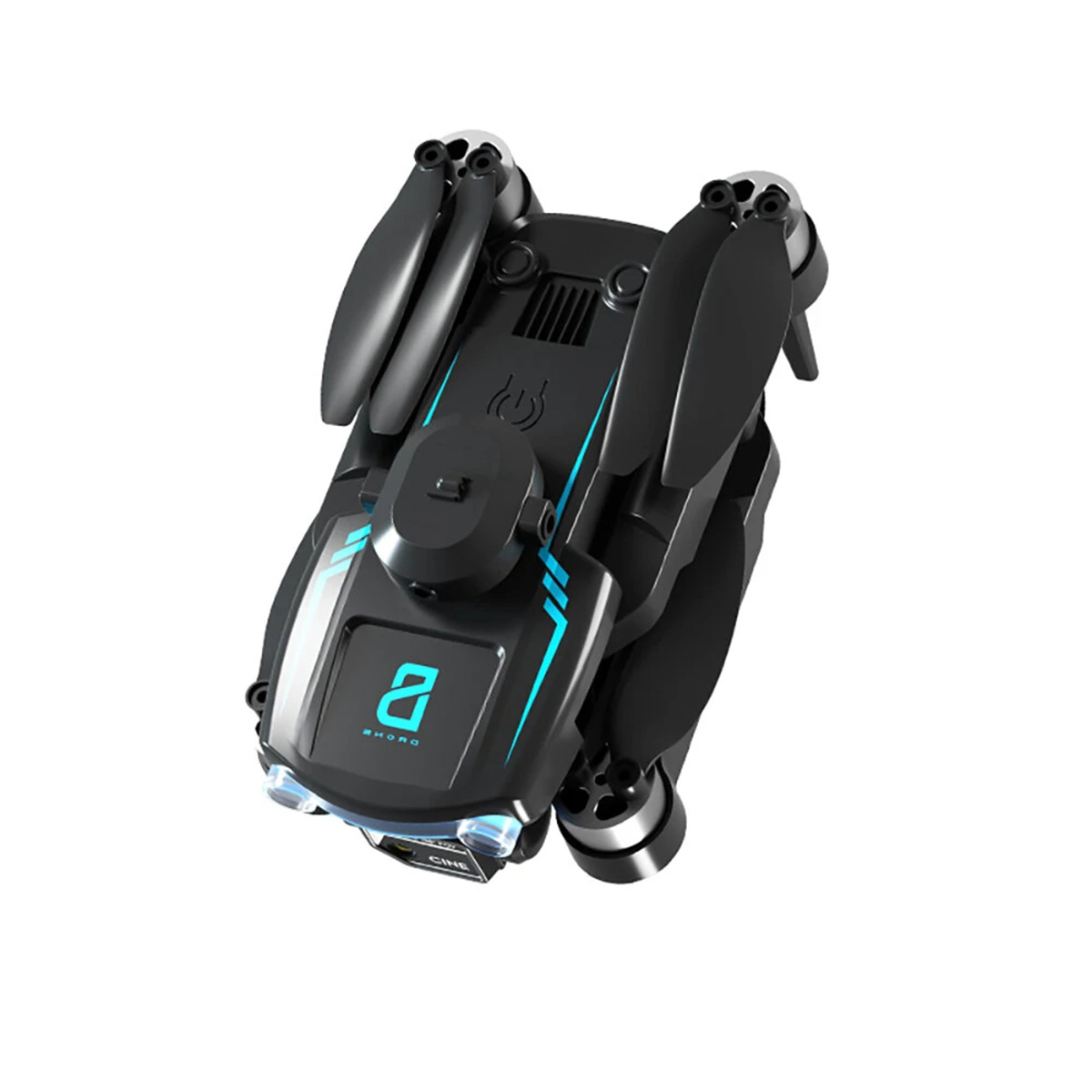 Un dron negro plegado con acentos azules, sobre un fondo blanco.
