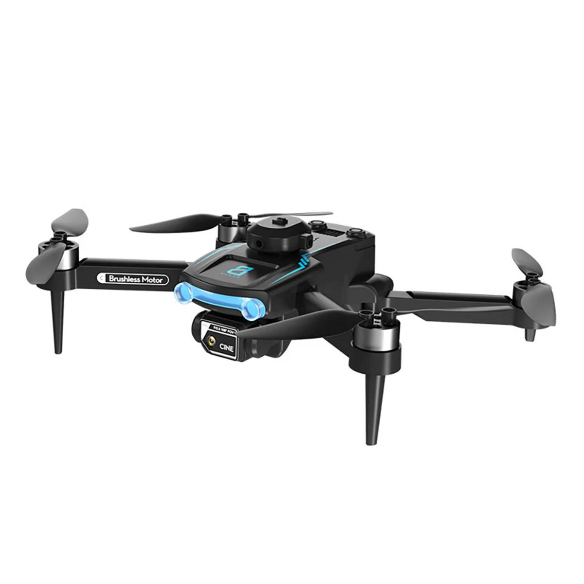 Drone negro con cuatro hélices, cámara, y las palabras 'Brushless Motor' y 'CINE'.