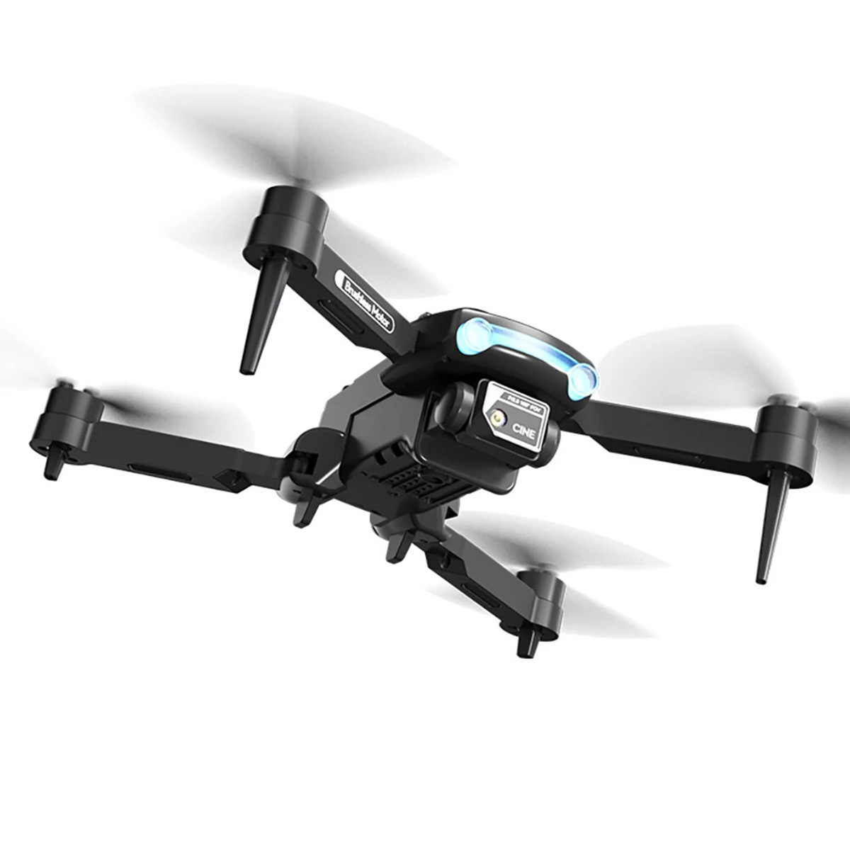 Un dron negro con cuatro hélices. Está en el aire, con un fondo blanco.