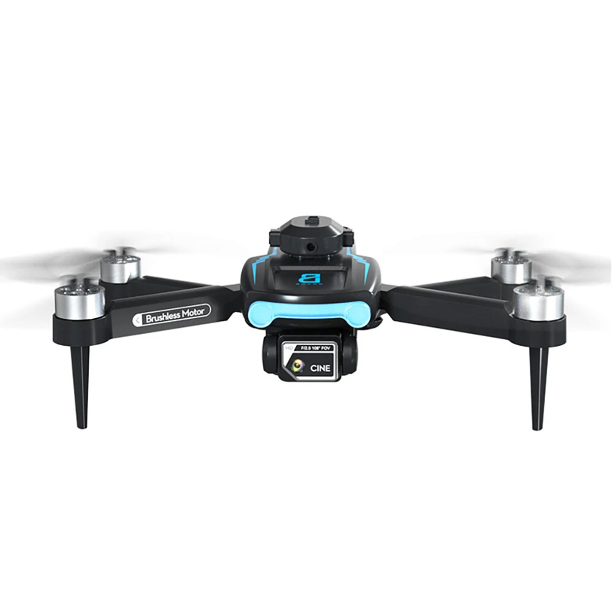 Un dron negro y azul con una cámara en la parte delantera. Se ven cuatro patas.