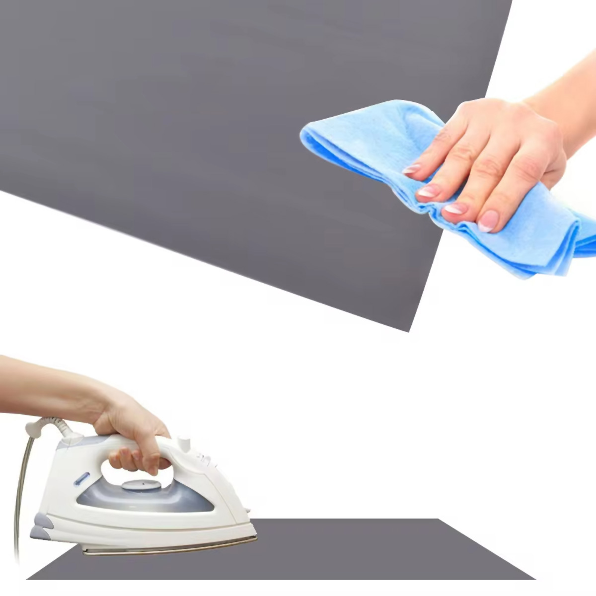 Manos limpiando una superficie gris con un paño azul y usando una plancha. Fondo blanco.