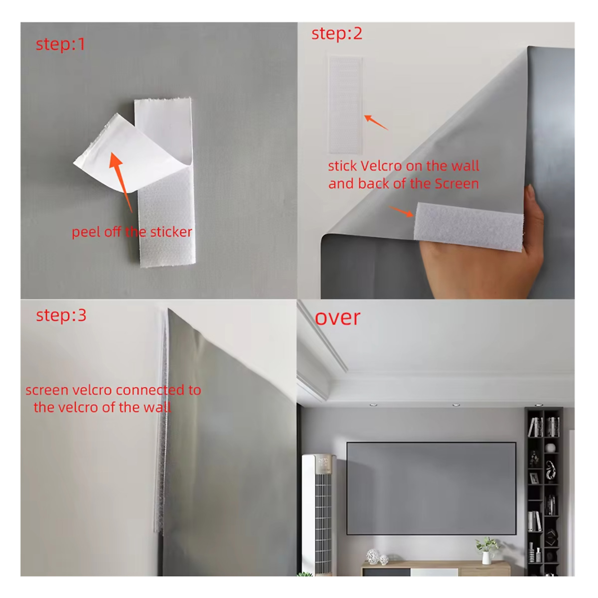 Pasos para instalar una pantalla: despegar adhesivo, pegar velcro y conectar pantalla a velcro.
