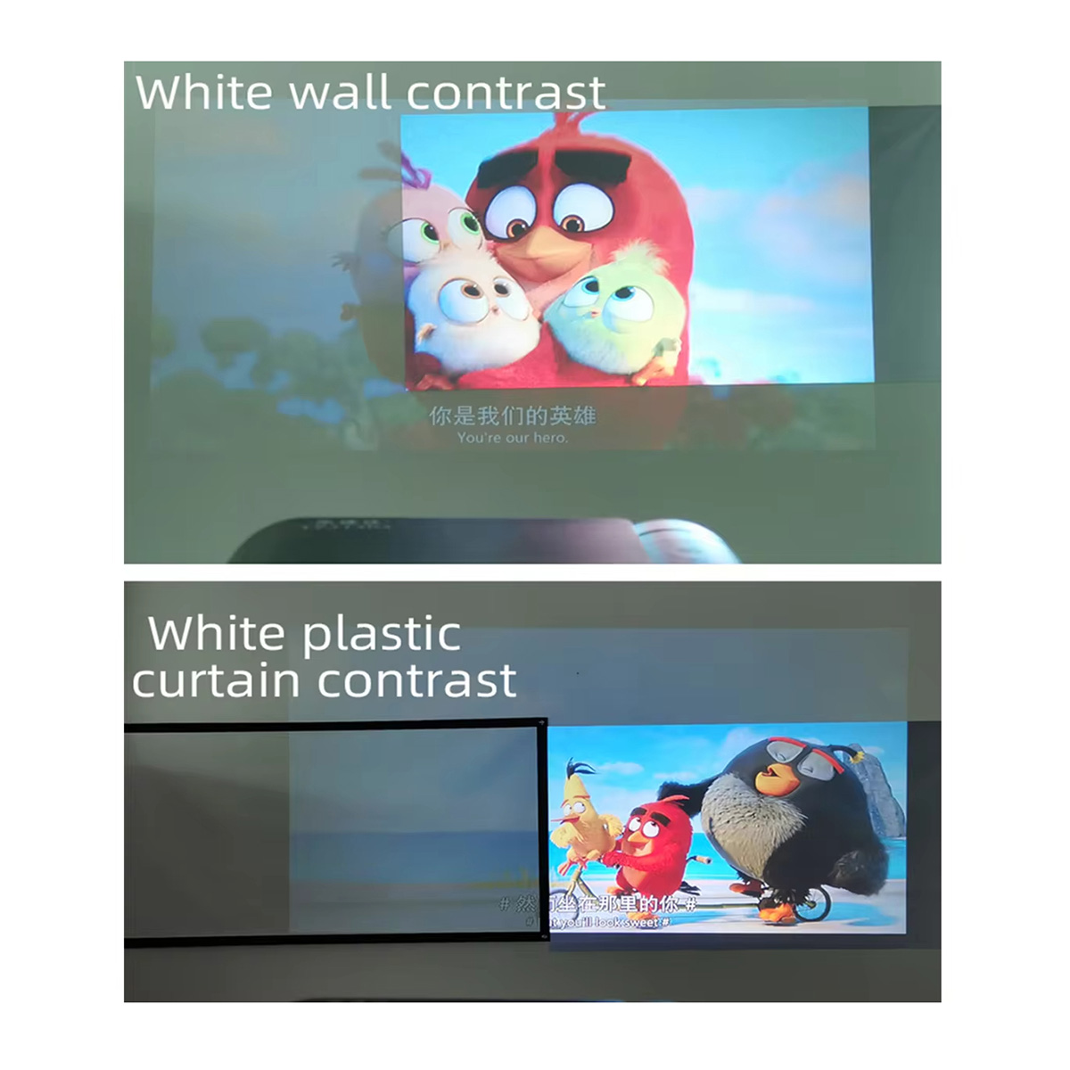 Dos imágenes que muestran una película proyectada en una pared y una cortina. Se ven personajes de Angry Birds.