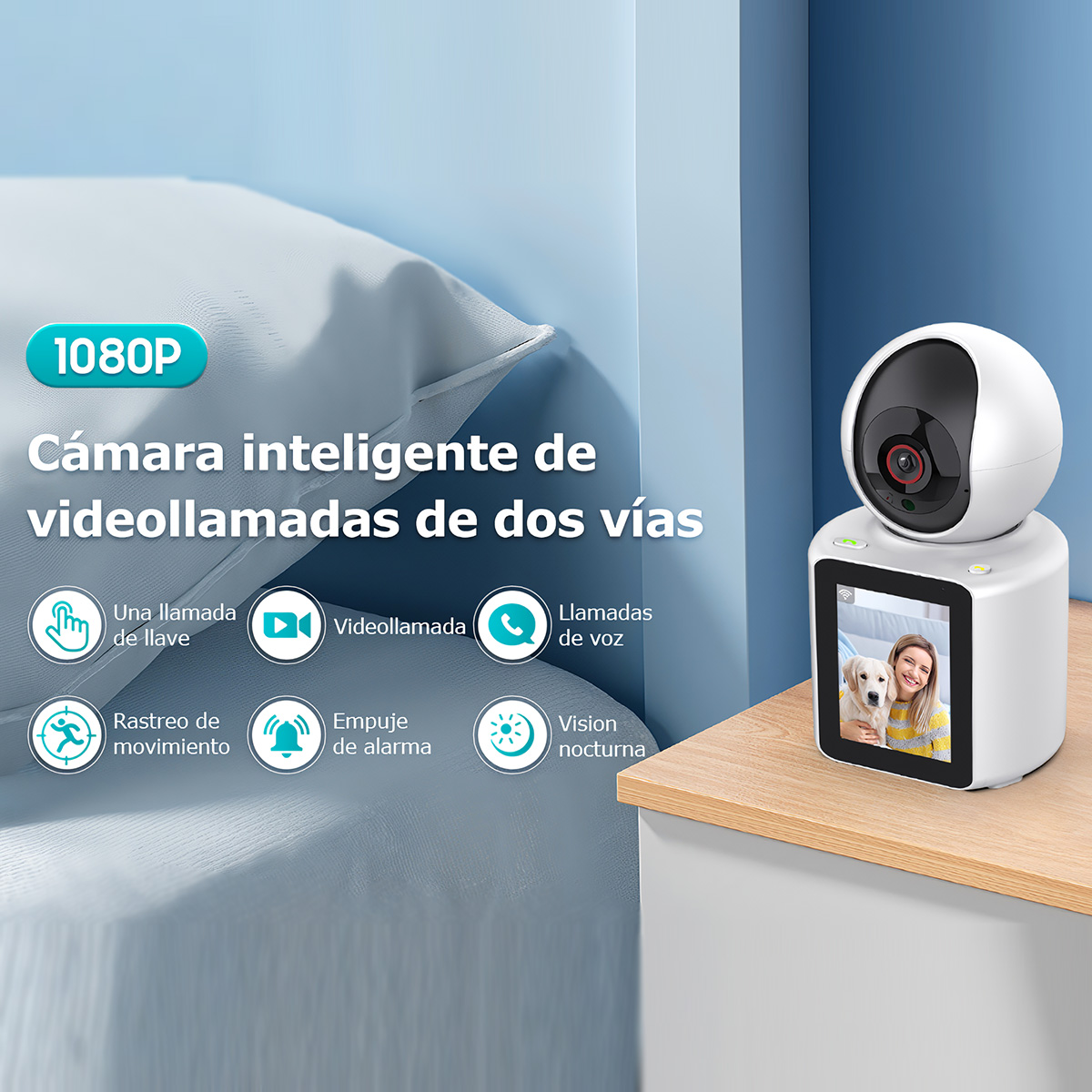 Cámara inteligente blanca con pantalla e iconos. El fondo es azul y blanco. Texto en español.