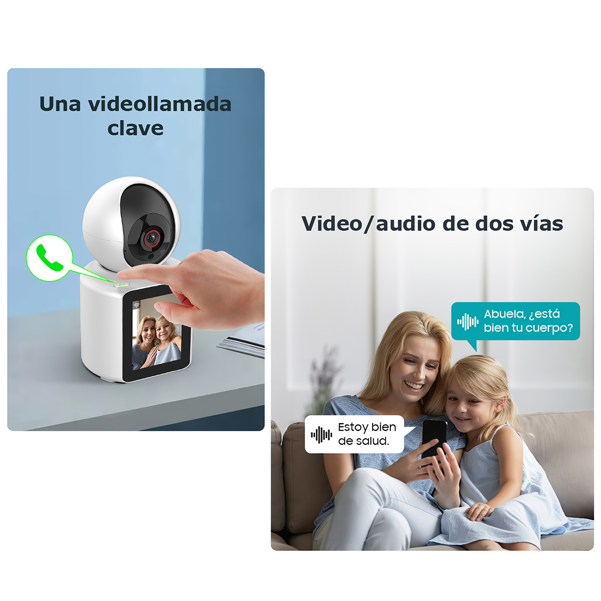 Configuración de videollamada con cámara, persona tocando la pantalla, niña con su madre.