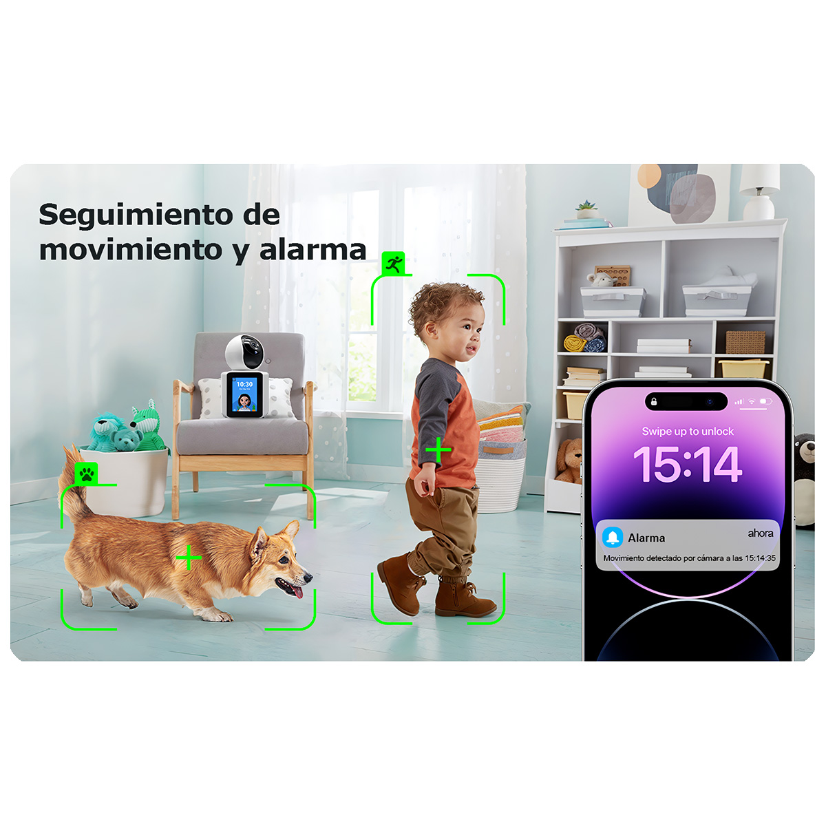 Un perro y un niño con un sistema de seguridad para el hogar inteligente, mostrando una alerta telefónica.
