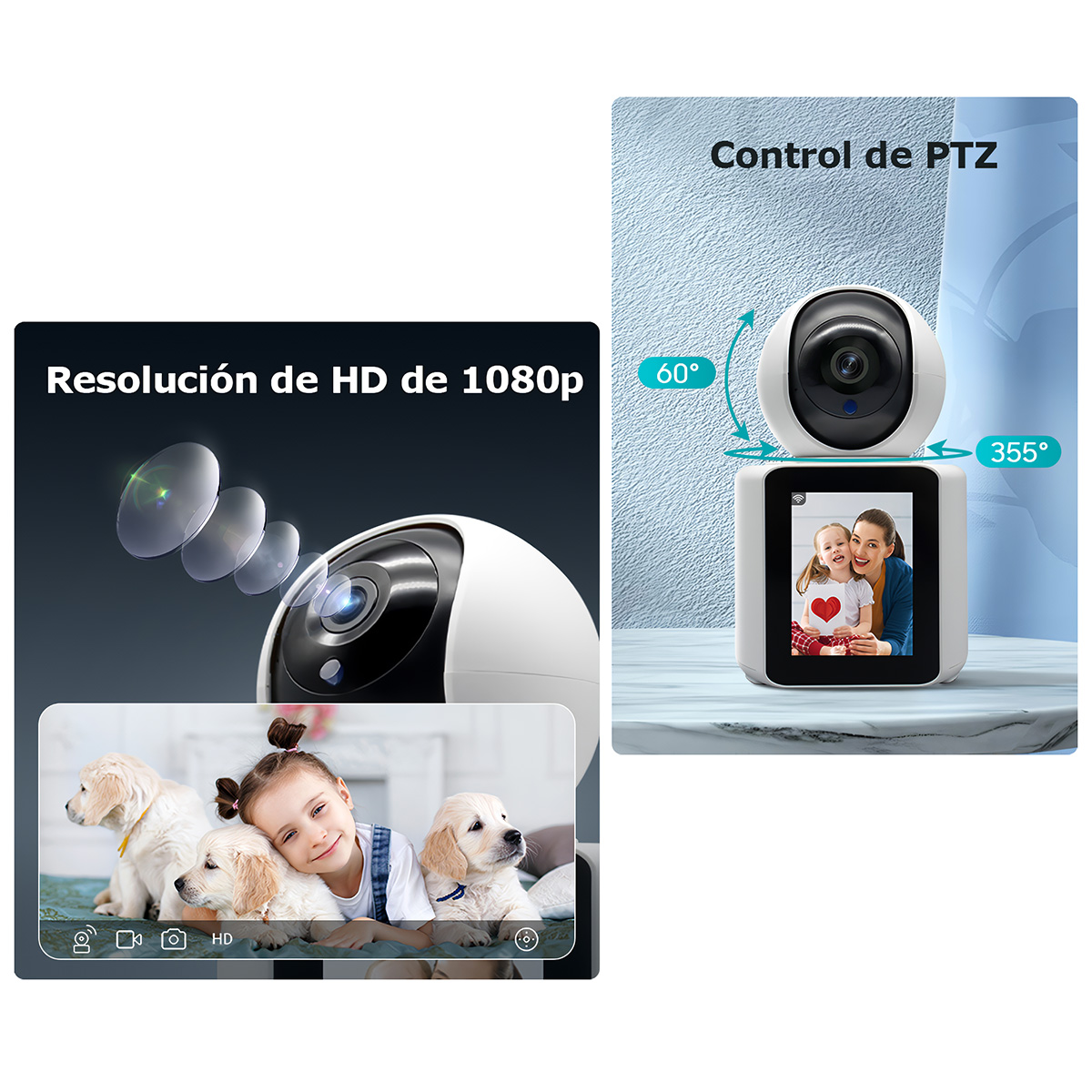 Cámara de seguridad con resolución HD 1080p, mostrando familia y perros.