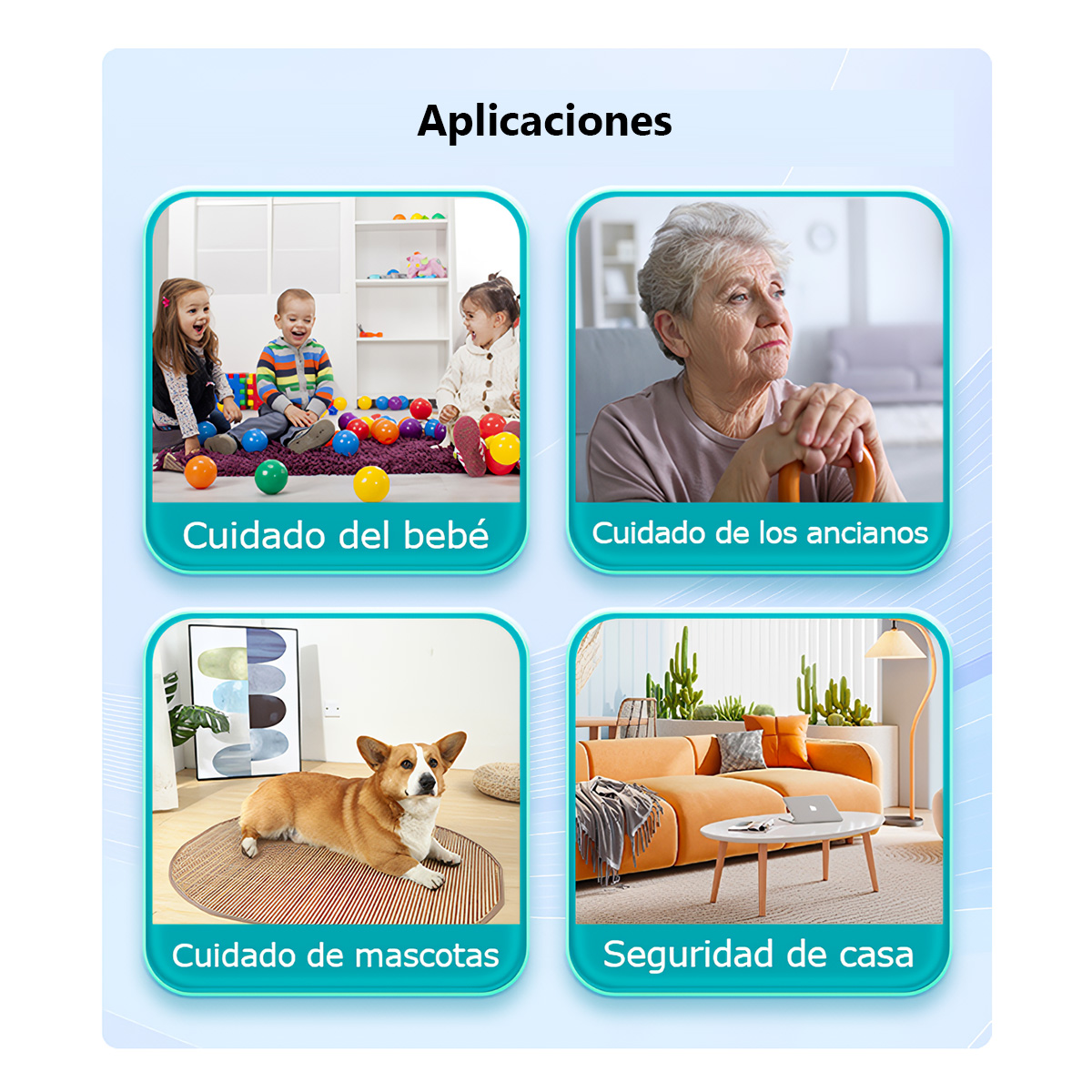 Imágenes de aplicaciones. Cuidado del bebé, cuidado de ancianos, cuidado de mascotas y seguridad en el hogar.