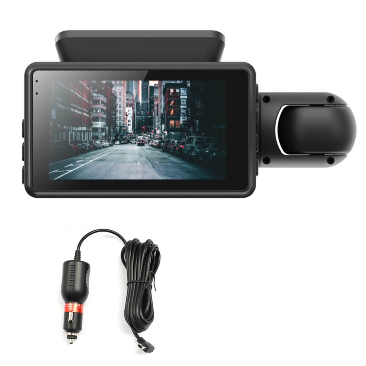 Dashcam con pantalla mostrando una calle de la ciudad, con cable de alimentación.