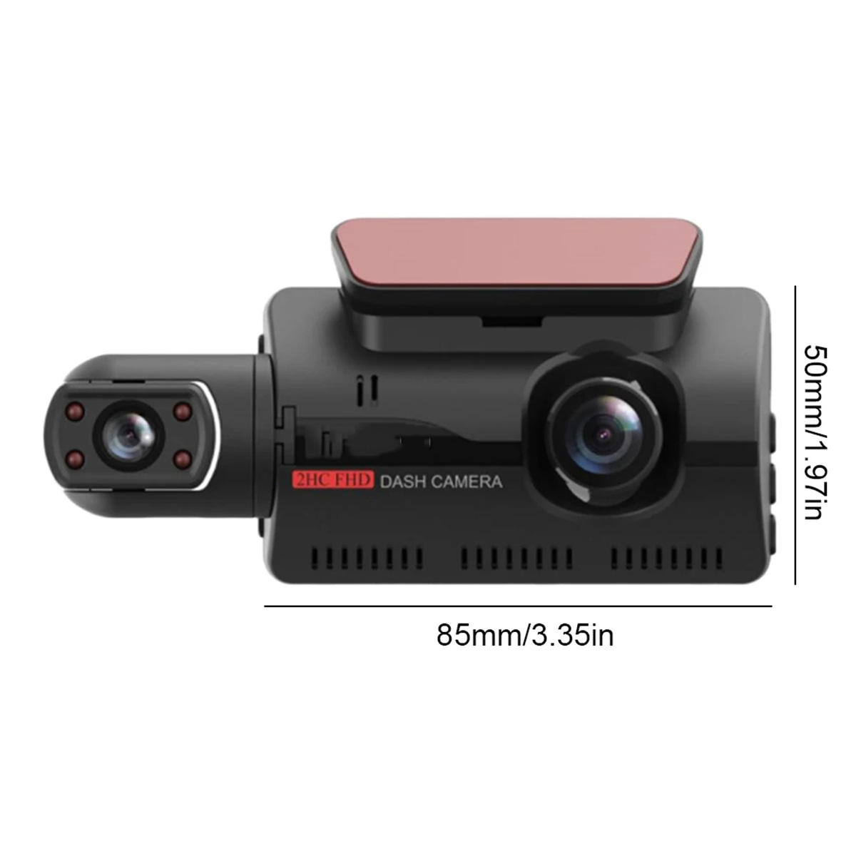 Una cámara de tablero negra con dimensiones mostradas. El texto en ella dice 2HC FHD DASH CAMERA.