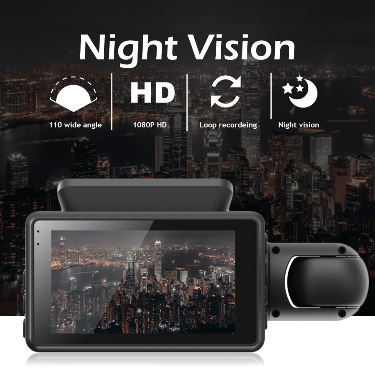 Dashcam negra con pantalla que muestra un horizonte nocturno con iconos.