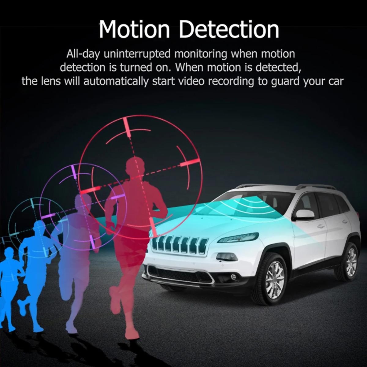 Imagen que muestra un coche, con personas corriendo alrededor. Zonas de detección de movimiento resaltadas.