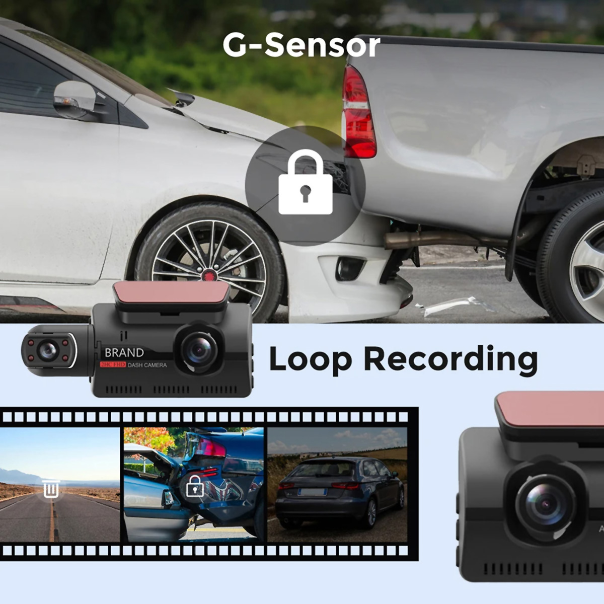 Cámara de salpicadero de coche con sensor G y grabación en bucle. Imágenes muestran accidentes y carretera.