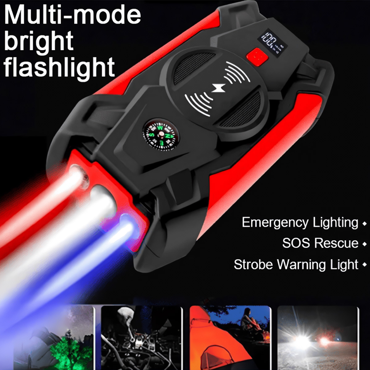 Linterna brillante multimodo con luces rojas y azules. Brújula y funciones SOS.
